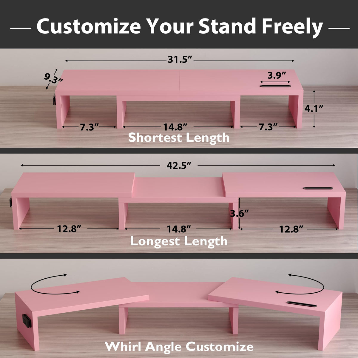 BONTEC Dual Monitor Stand Riser, Adjustable Length & Swivel Angle, Pink