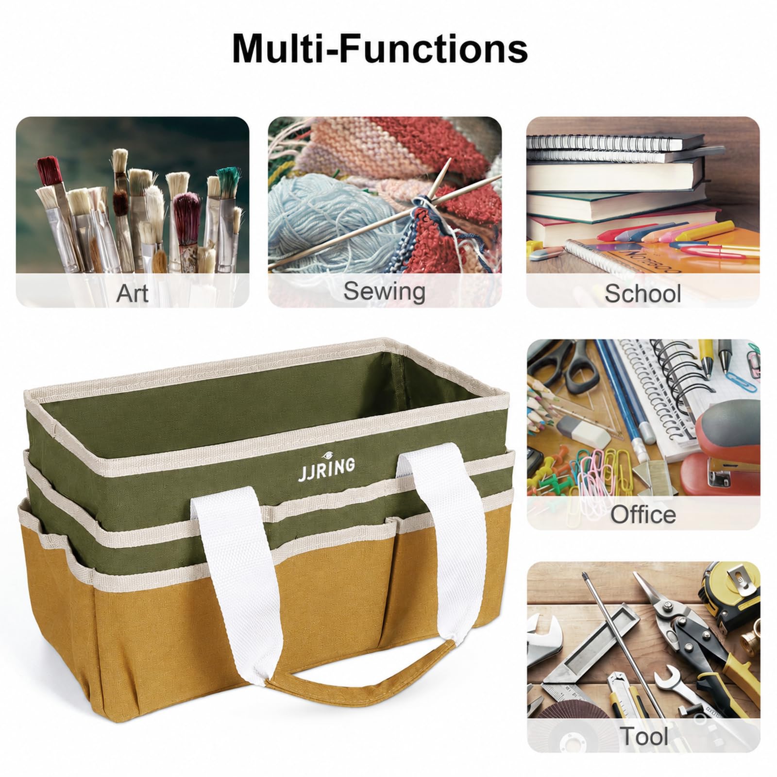 JJRING Craft Organizer Tote Bag Art Storage Caddy Dark Green and Brown