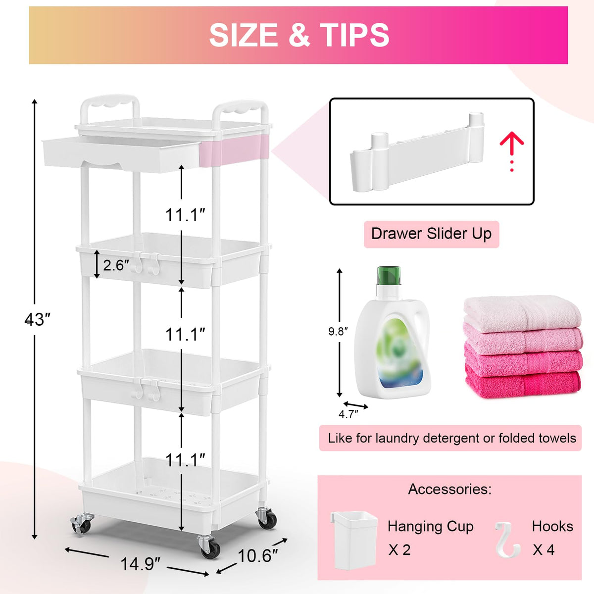 Goovilla 4 Tier Rolling Utility Cart Organizer with Removable Drawer, White