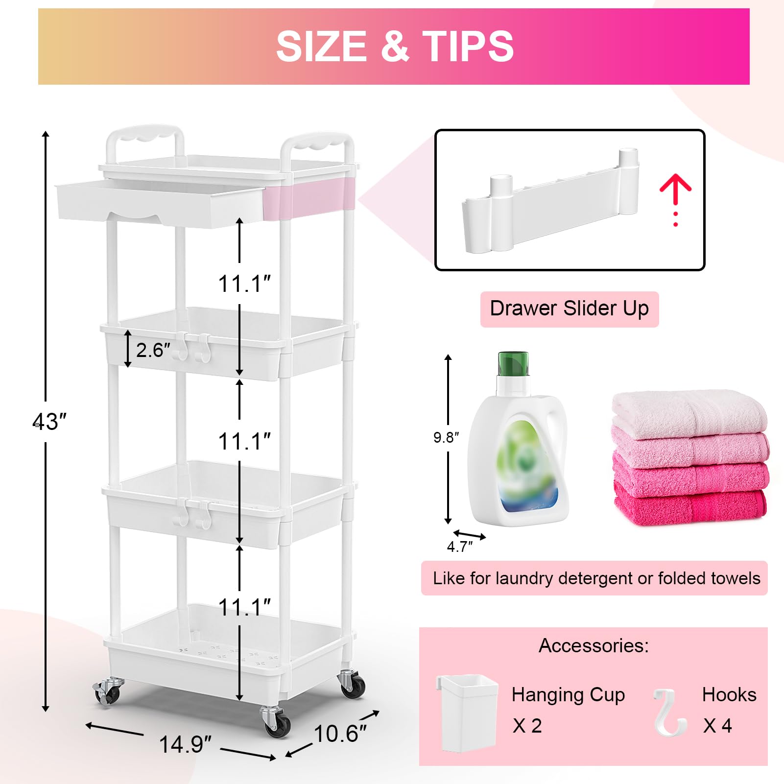 Goovilla 4 Tier Rolling Utility Cart Organizer with Removable Drawer, White