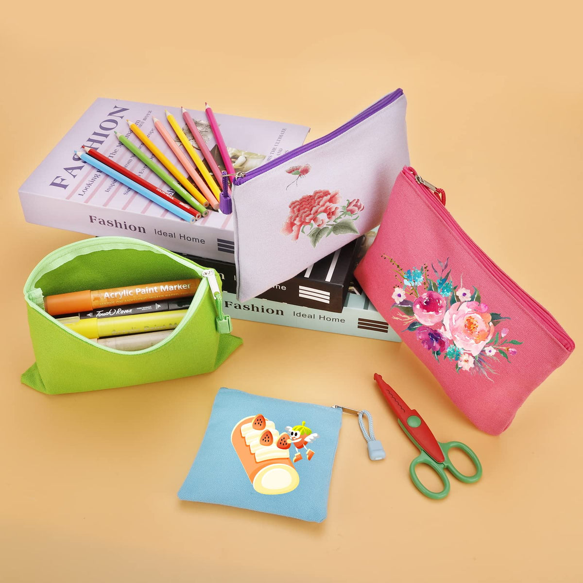 Fassave 12 Pack DIY Craft Cotton Canvas Bag, Multi-Purpose Cosmetic Bag Makeup Pouches with Zipper