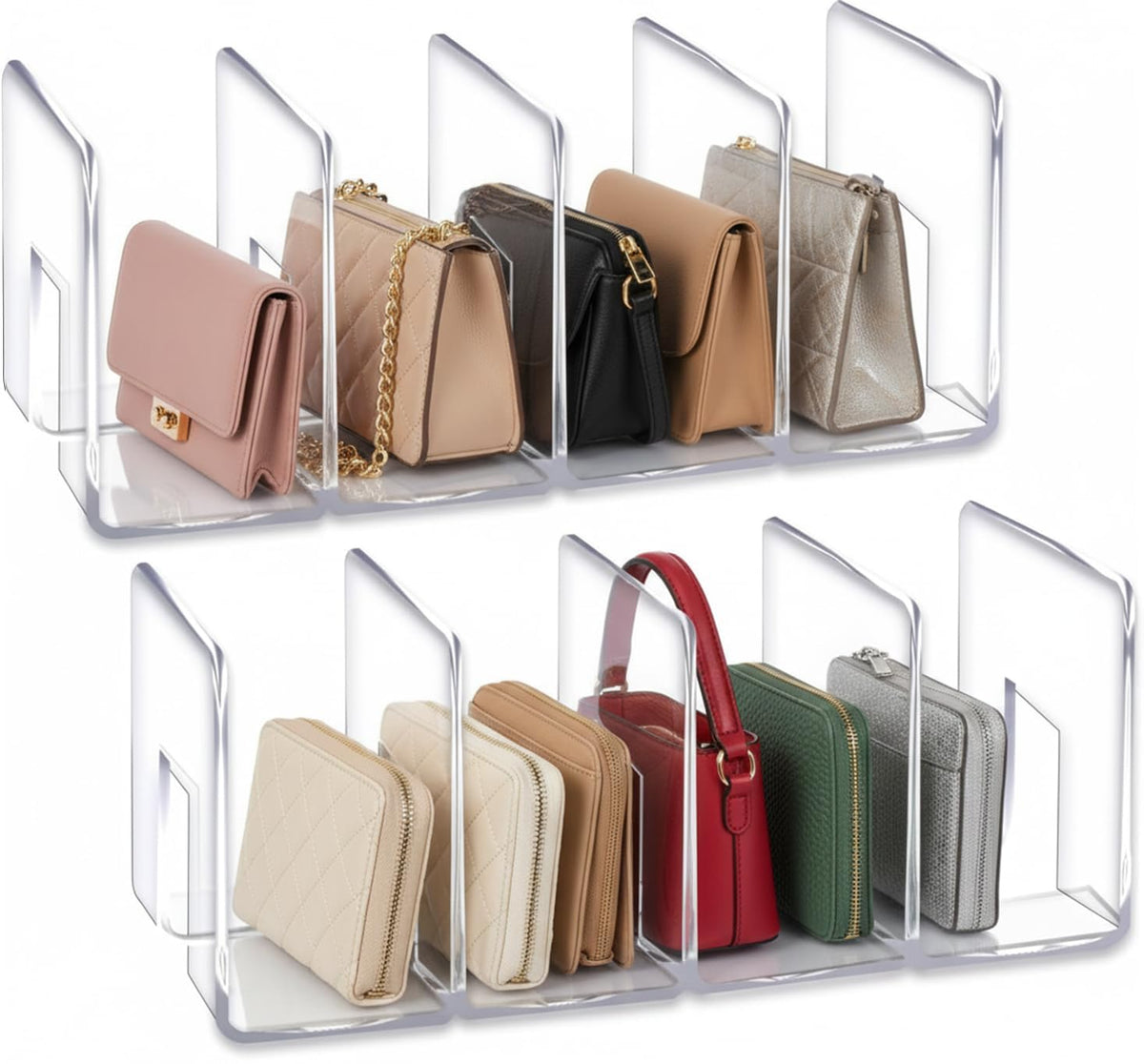 YAGELI Clear Acrylic Purse Organizer, 2-Pack, 4 Sections, 2.95" Wide Slots