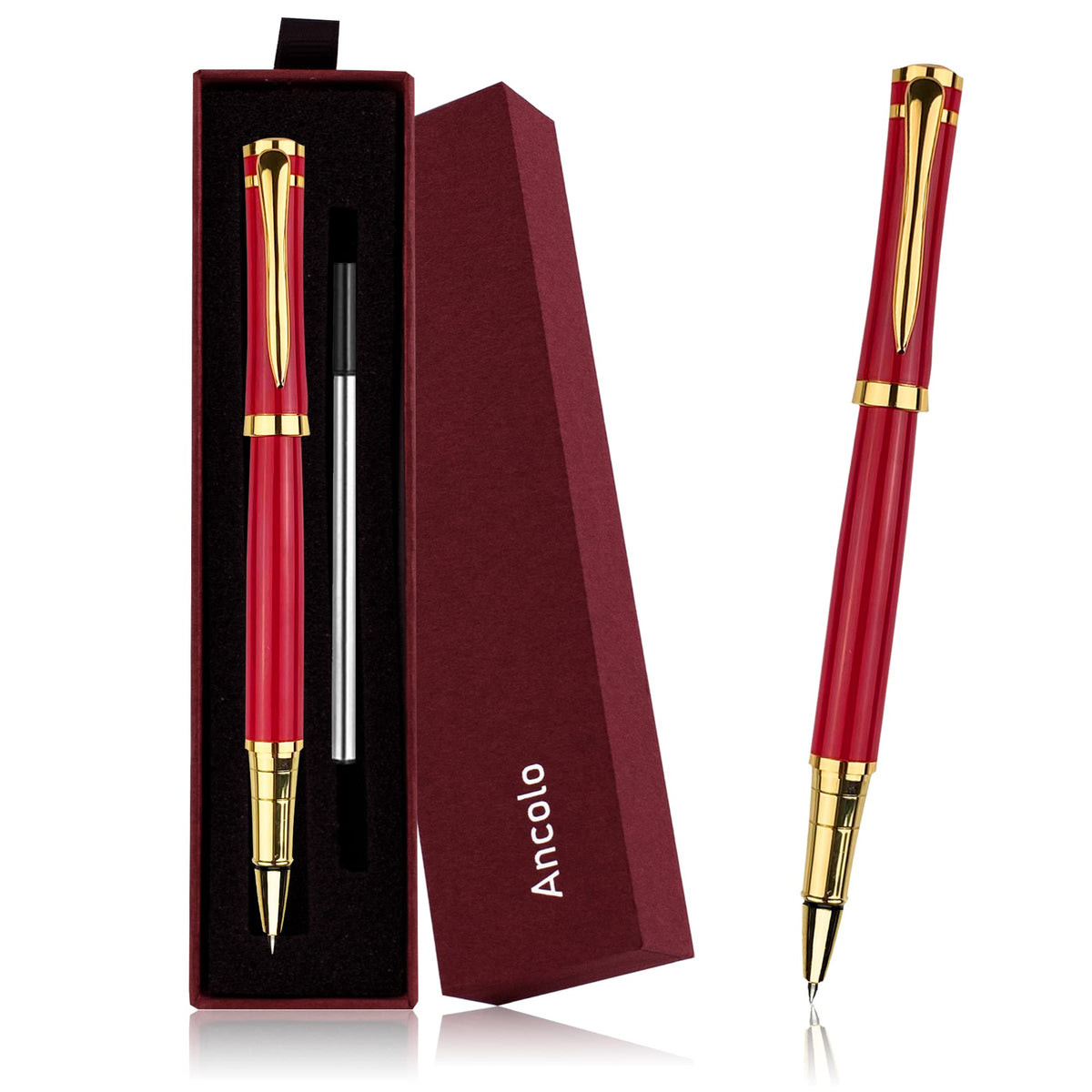 Ancolo Luxury Pen Set- High End Gift Box, Red Color, Refillable, Black Ink Refill Included - 0.7
