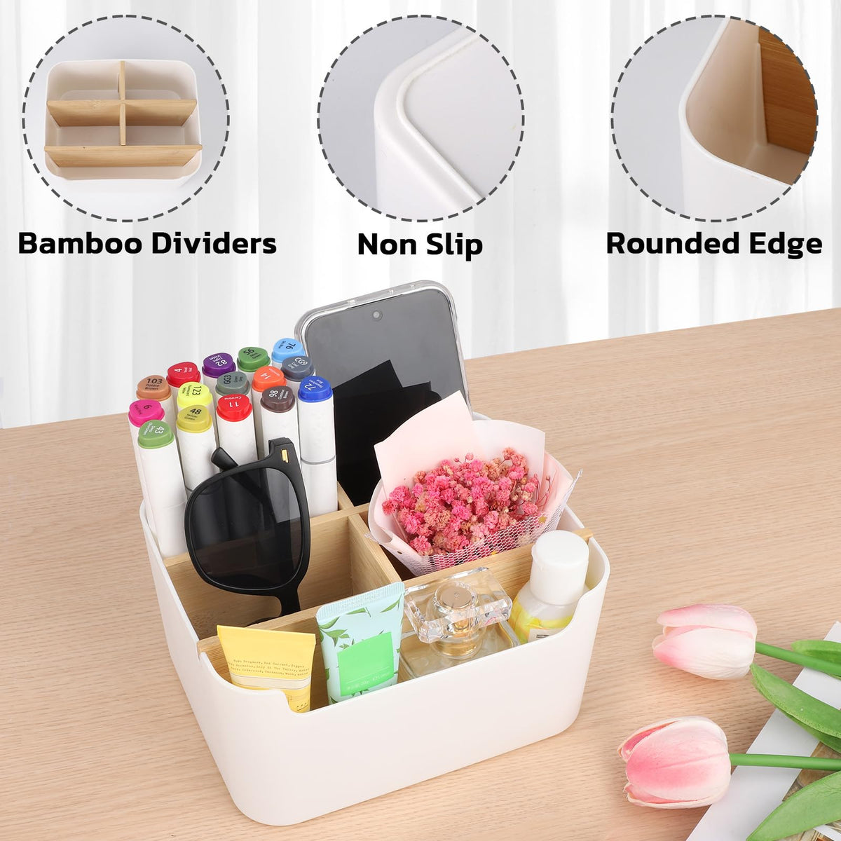 Segarty Desk Storage Box, Divided Bamboo Desktop Organizer, Pencil Holder, Detachable Pen Holder