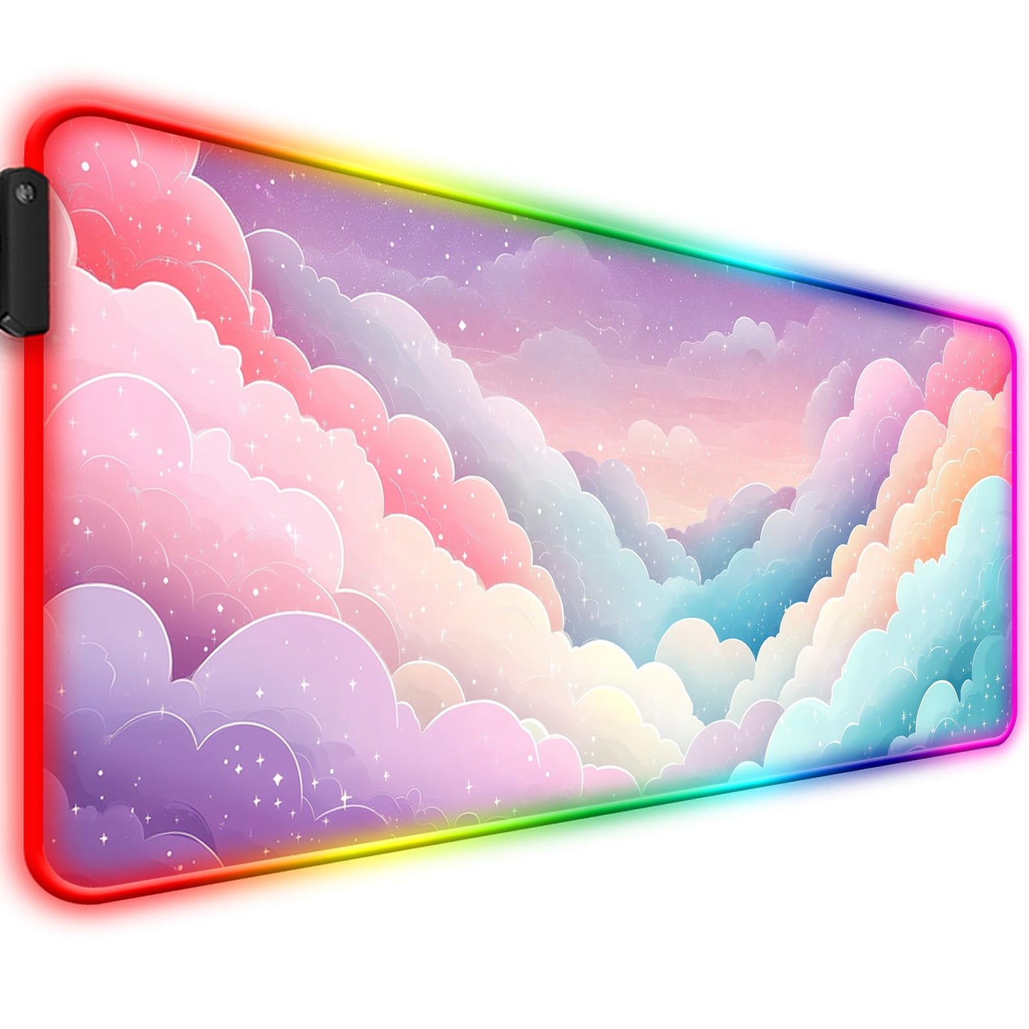 JIANG100 RGB Dreamy Colorful Cloud Star Gaming Desk Mat, XL Mouse Pad, Pink