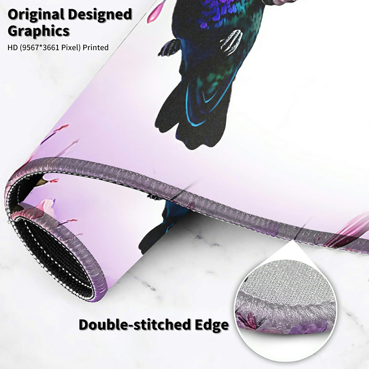 Hummingbird Extended Large Mouse Pad with Coaster - 35.4 x 15.7 Full Desk Mousepad - Stitched Edges