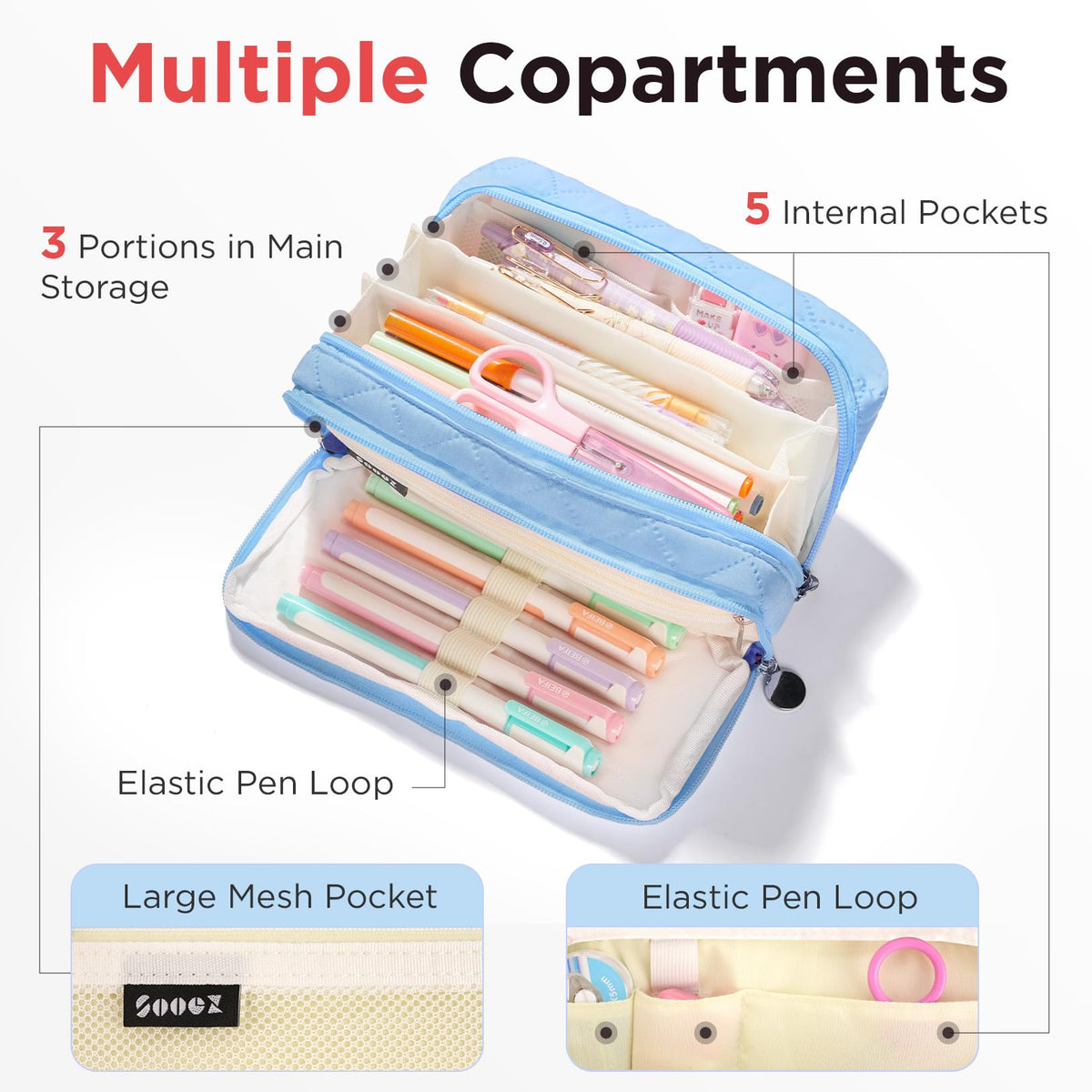 Sooez Large Pencil Case Pouch, Extra Big Pencil Bag with 8 Compartments