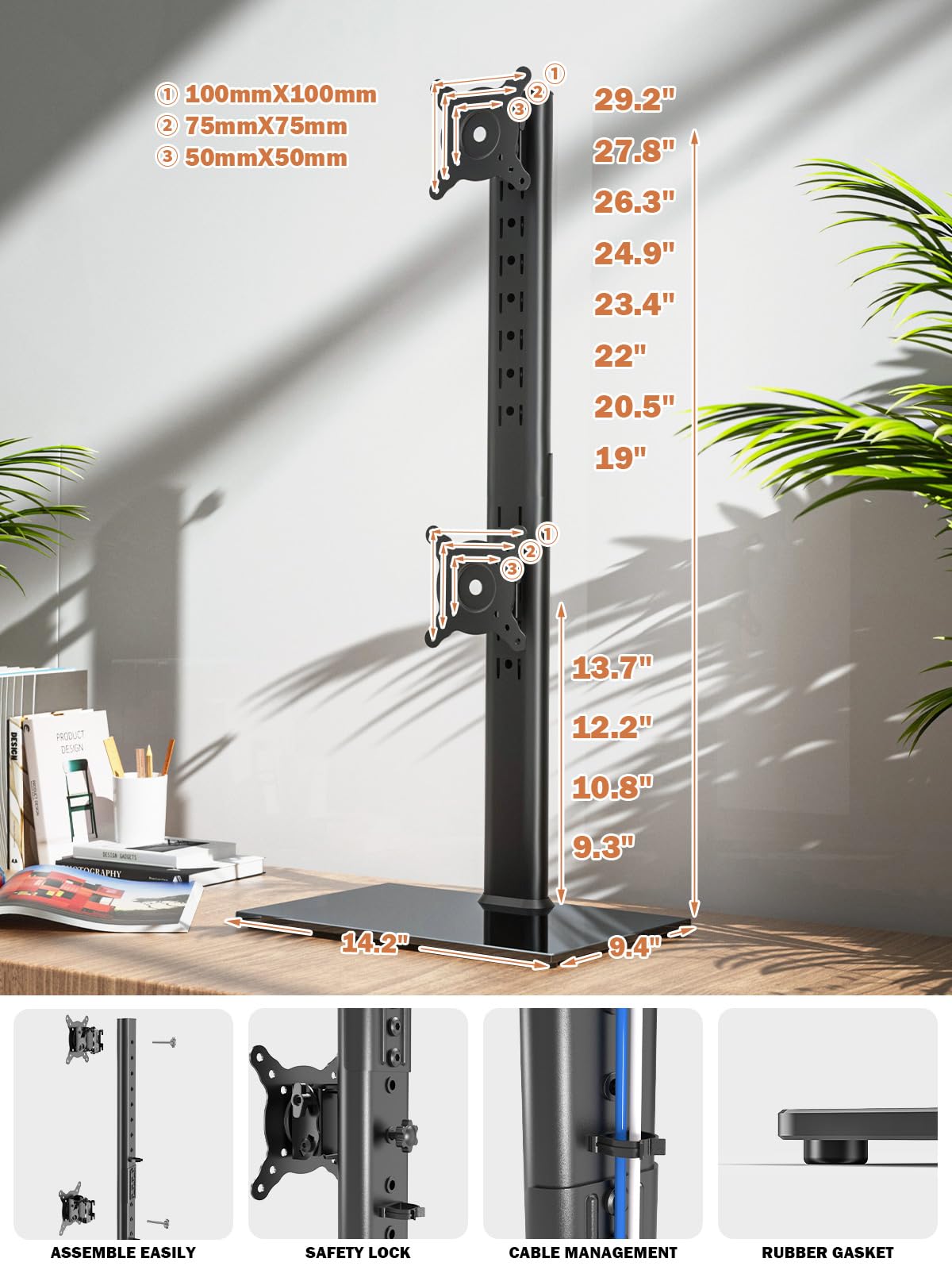 Dual Monitor Stand - Vertical Stack Screen Free-Standing Monitor Riser Fits Two 13 to 34 Inch