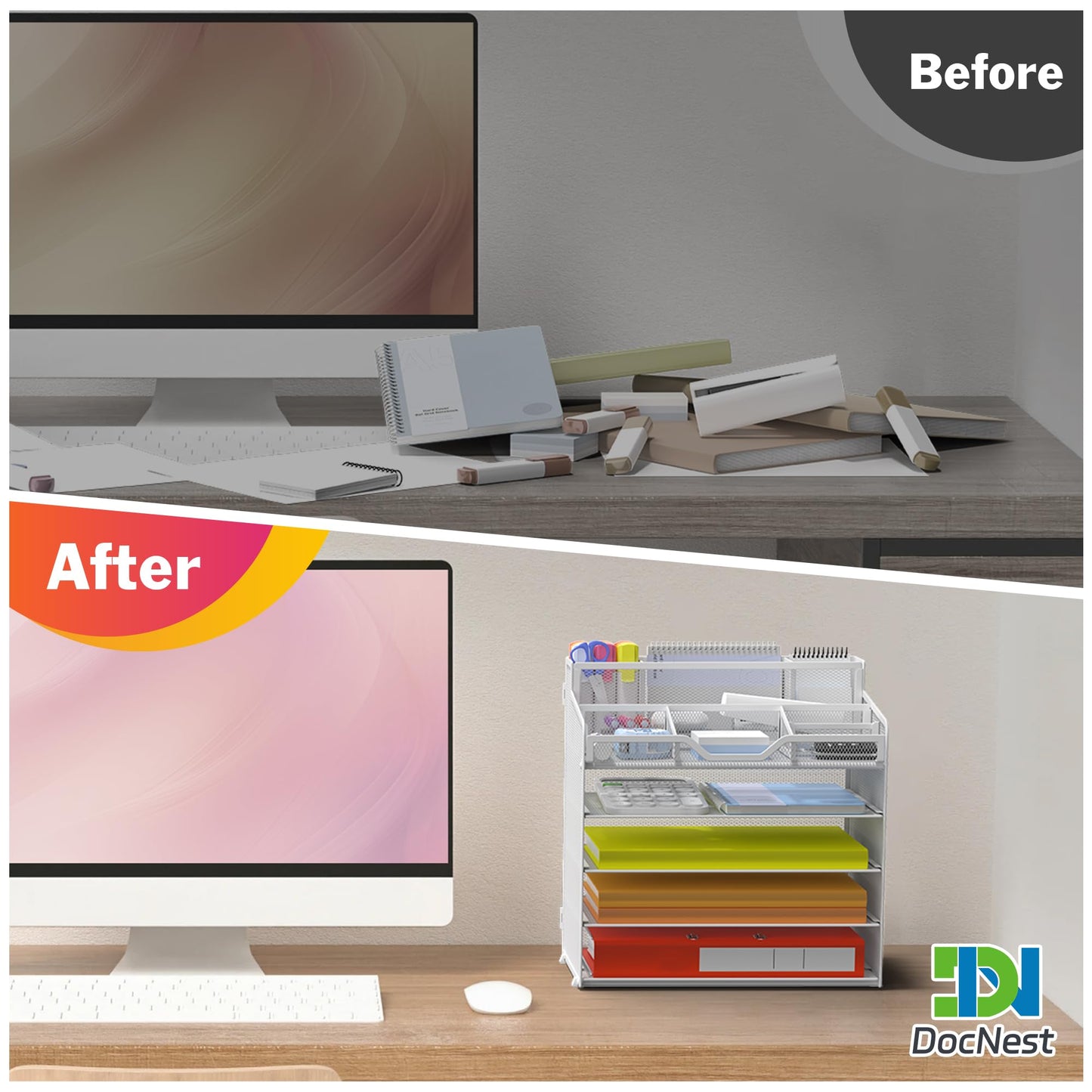 Docnest 5 Tier Mesh Desk Organizer with Letter Tray & Paper Sorter, White