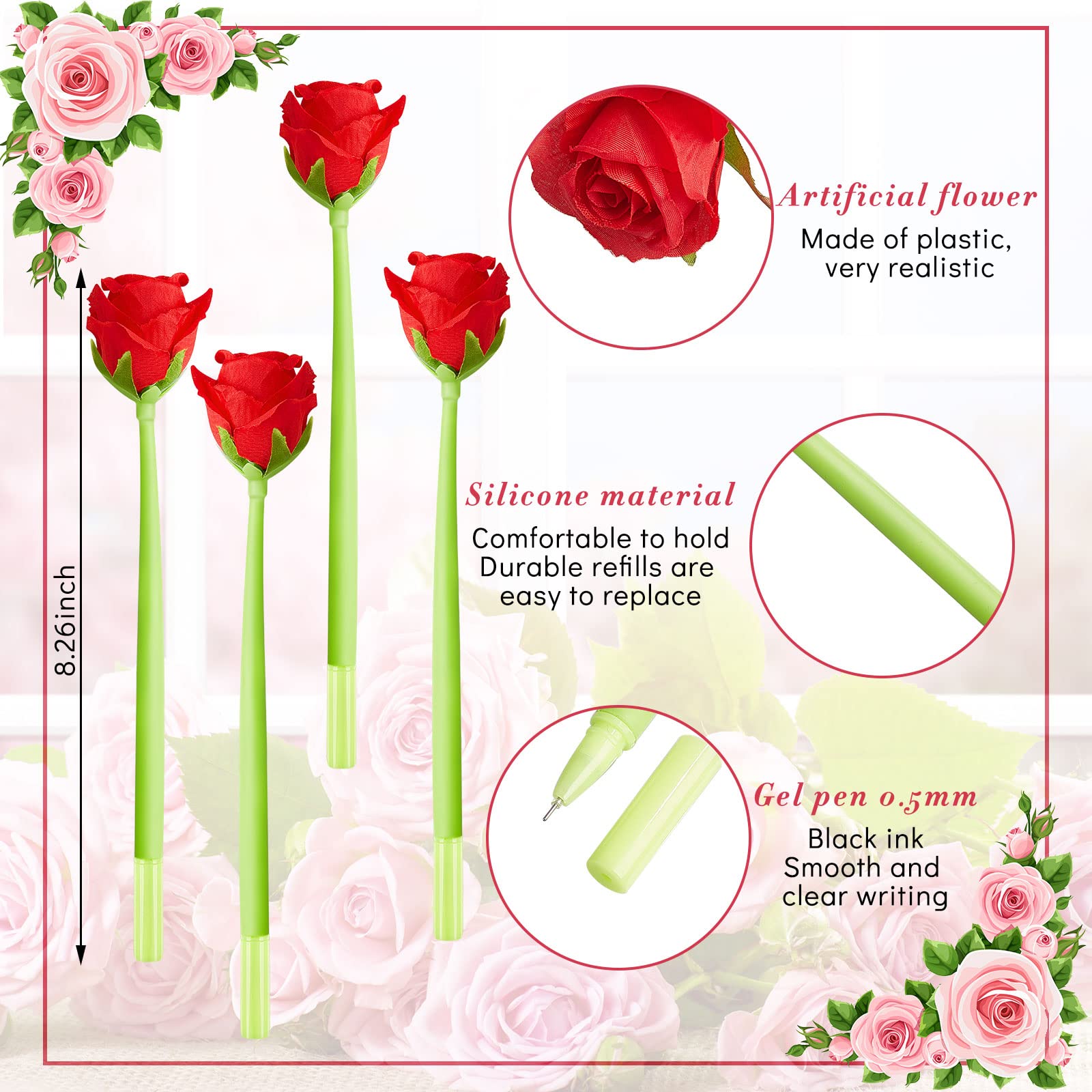 Gueevin 48 Pcs Flower Pens Artificial Rose Pens Bulk Mothers Day Rose Shaped Ballpoint Pen Black
