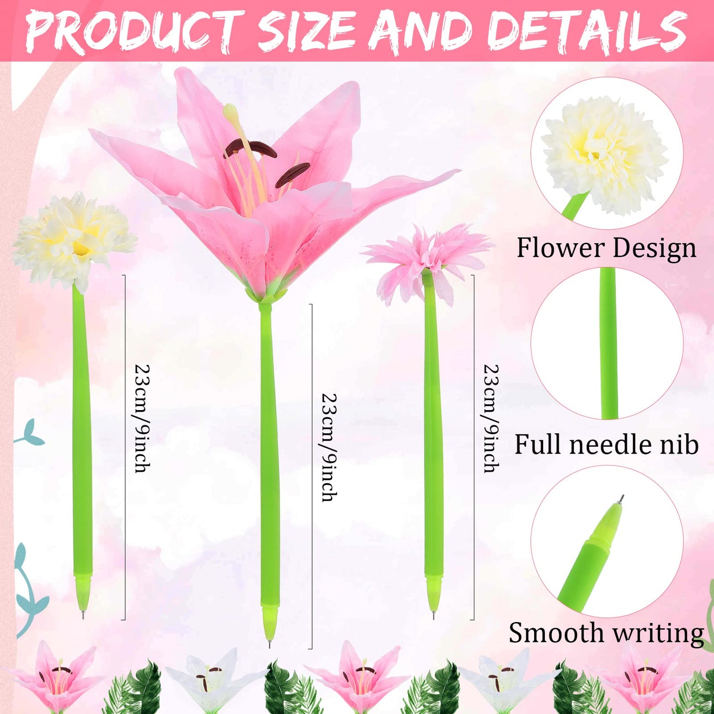 BBTO 24 Pcs First Day Flower Pen Ballpoint with Flower Top, Beautiful