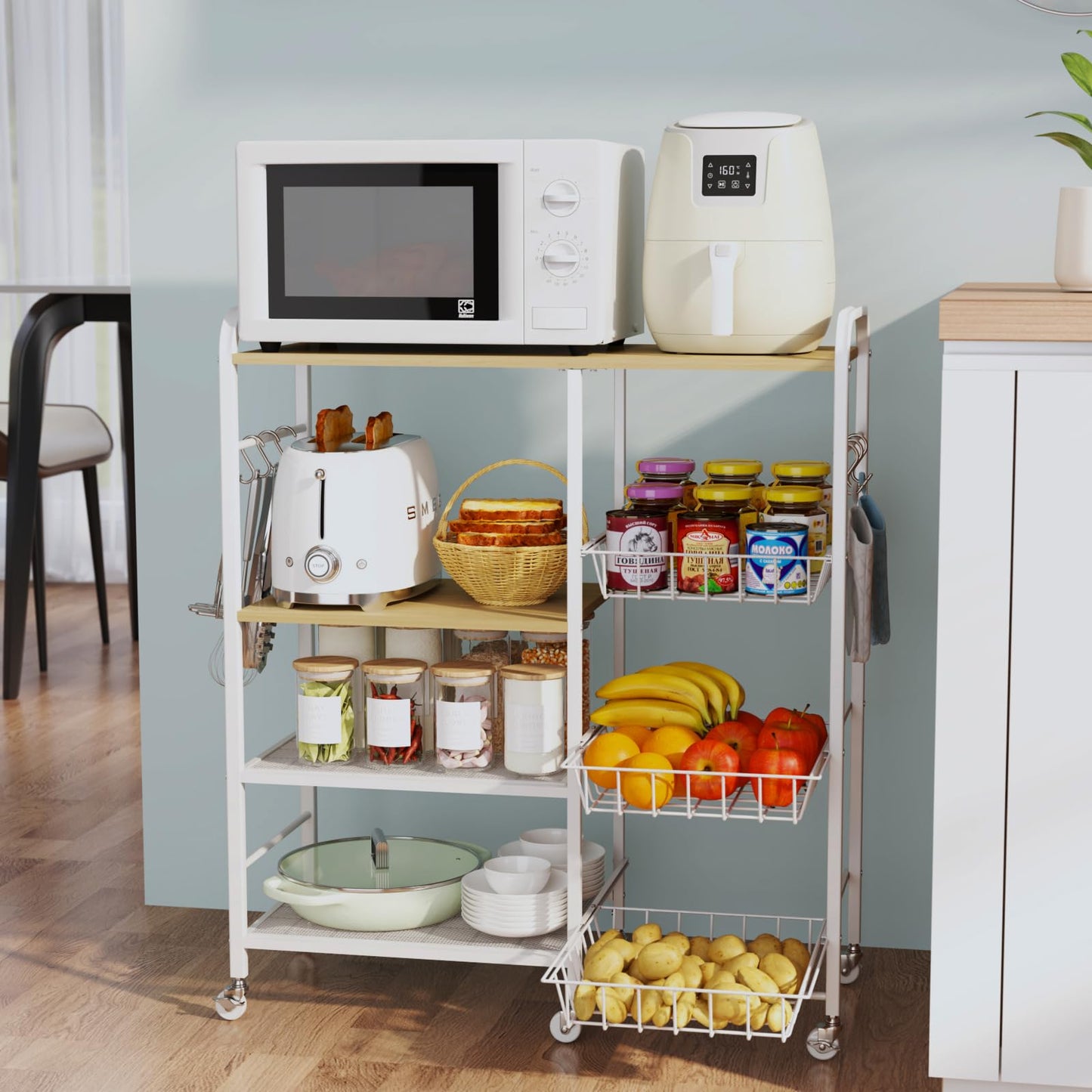 HapiRm Rolling Kitchen Microwave Cart - 4 Tier Microwave Table Stand with Pull-Out Baskets, Coffee