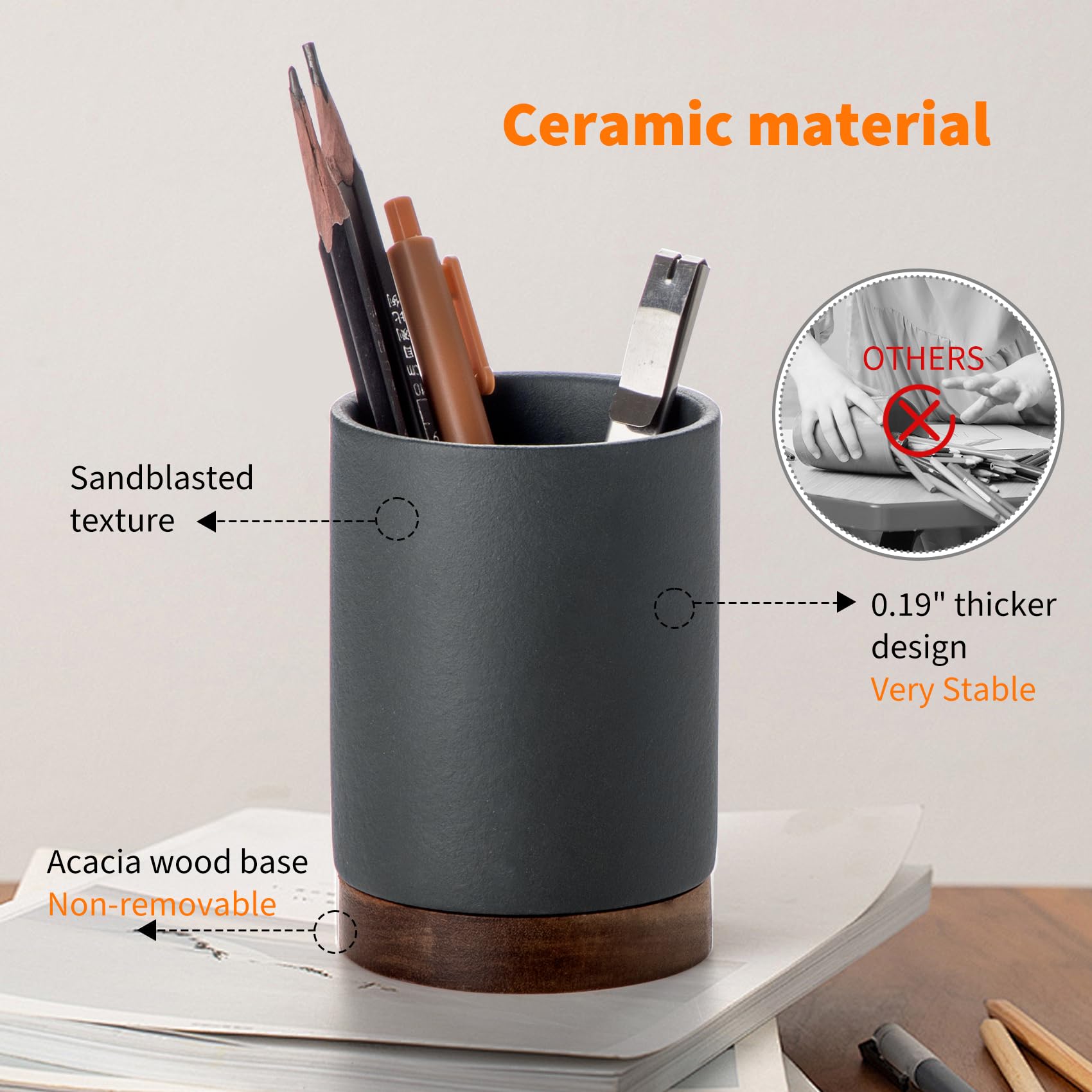 Officepal Ceramic Pen Holder for Desk, Pencil Cup, (Dark Grey, Set / 2)