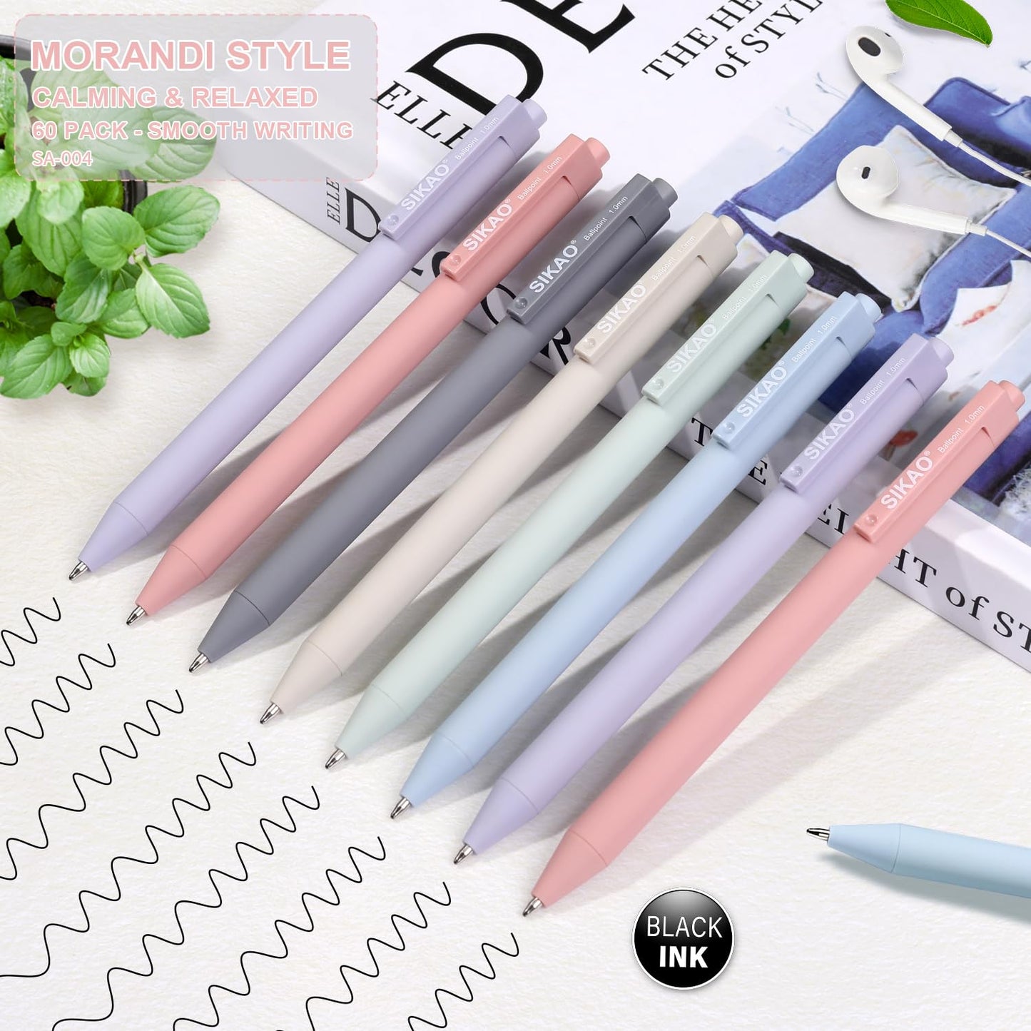 Sikao Pens Bulk, 60 Pack Ballpoint Pens Black Ink 1.0mm (Morandi)