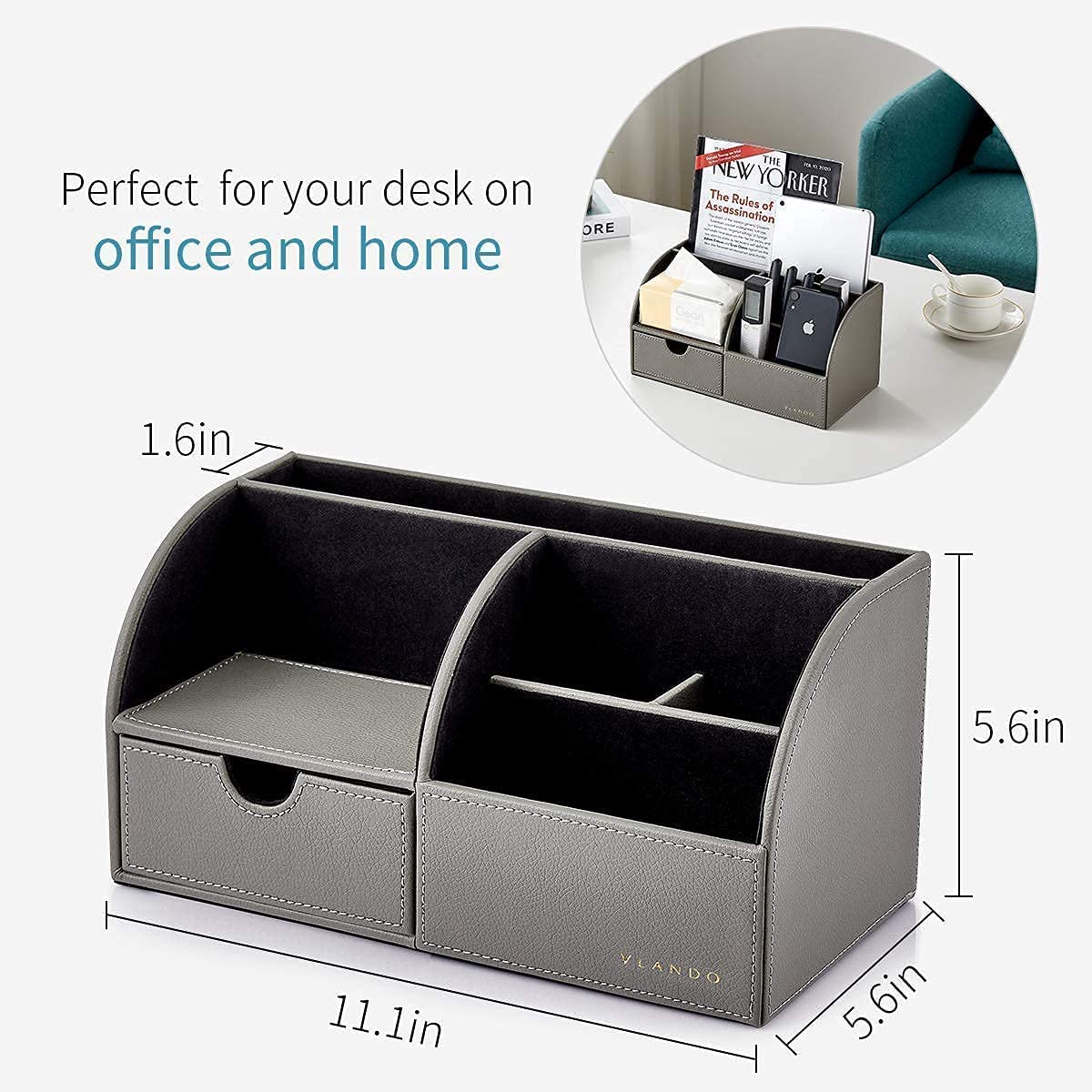 VLANDO Office Desk Organizer Leather Desktop Organizer Caddy with Drawer for Storing Desktop