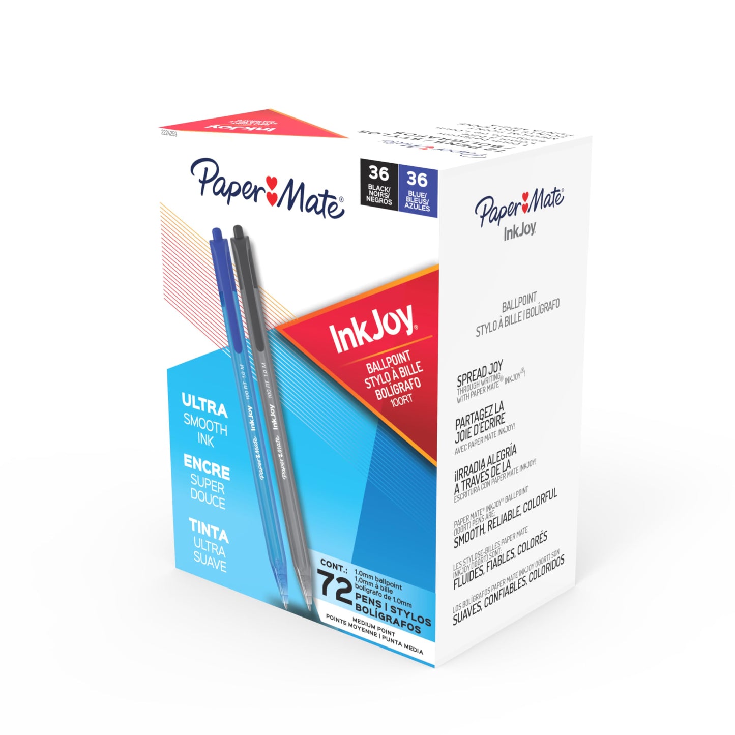 Paper Mate InkJoy 100RT Ballpoint Pens, Medium Point (1.0mm), Black & Blue Ink, 72 Count - Bulk