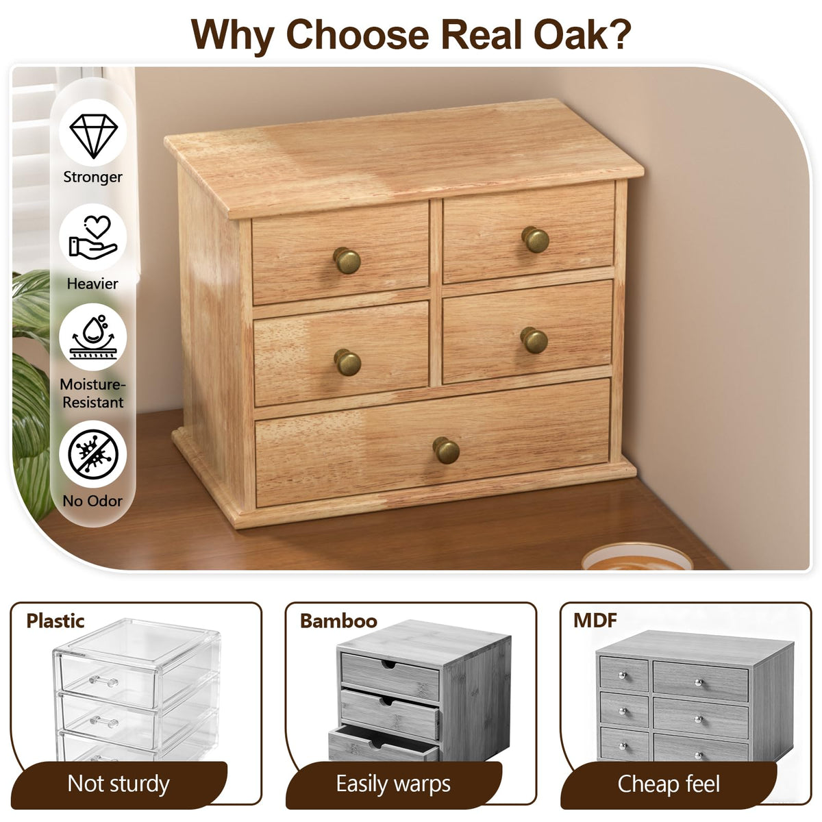 Oak Desk Organizer with Drawers, Durable Wooden Desktop Storage Box