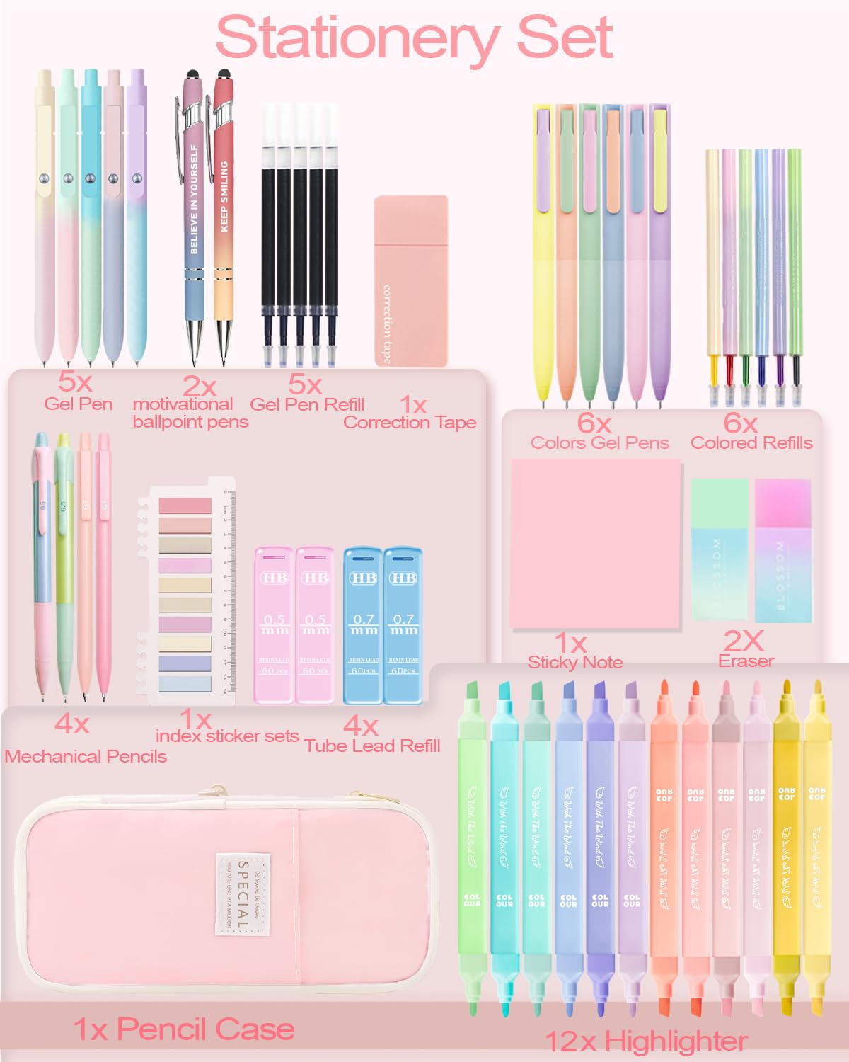 JIZHIYUAN 53PC Aesthetic School Supplies with Pink Pencil Case for Students