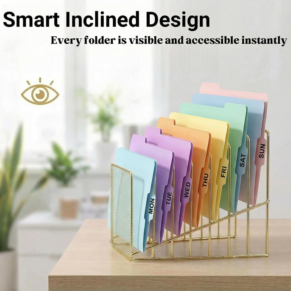 Simmer Stone Gold Desk Organizer 7 Slot Inclined Vertical File Folder Holder Sorter with Mesh Front