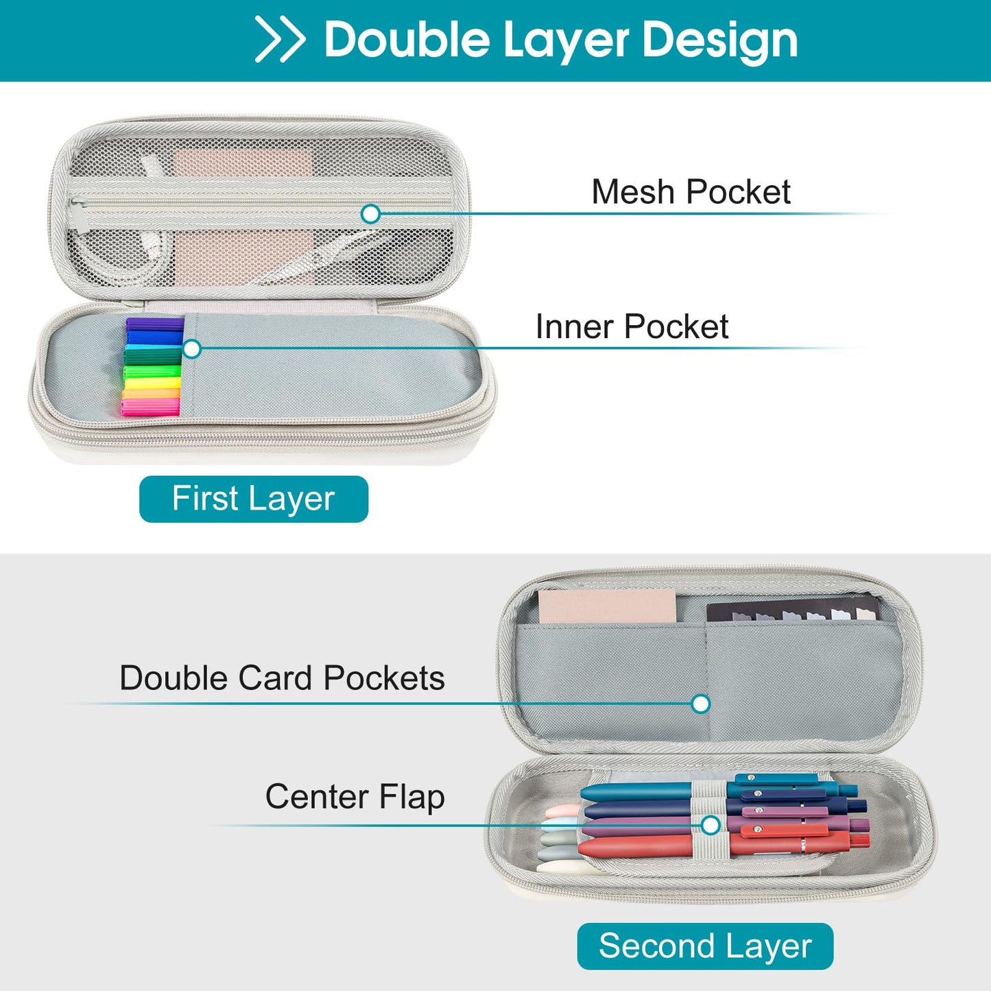 ProCase 2-Layer Hard Pencil Case, Large Capacity Storage Box Pouch, Beige