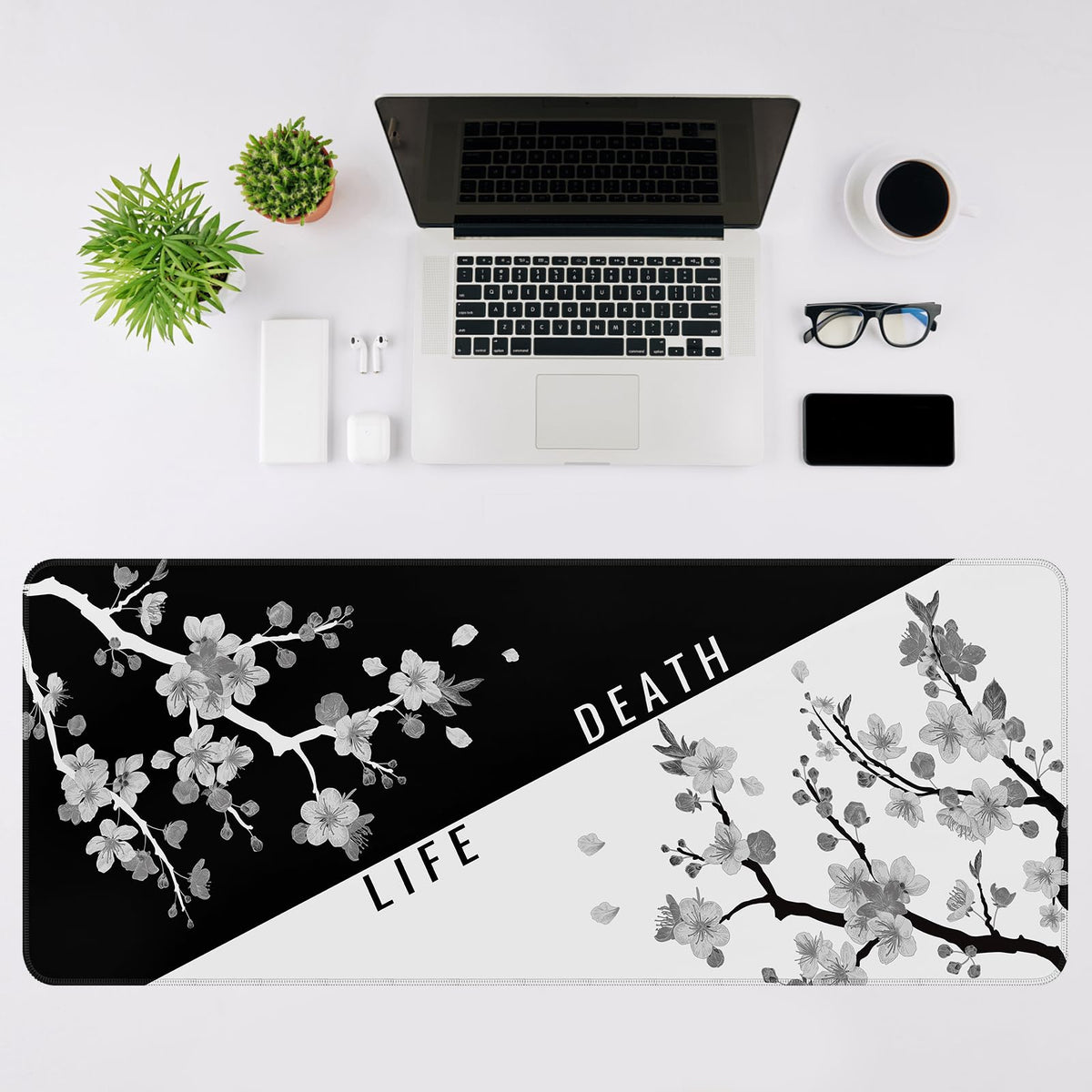 DIGSOM Mouse Pad Black and White Cherry Blossom Pattern, 31.5 x 11.8in