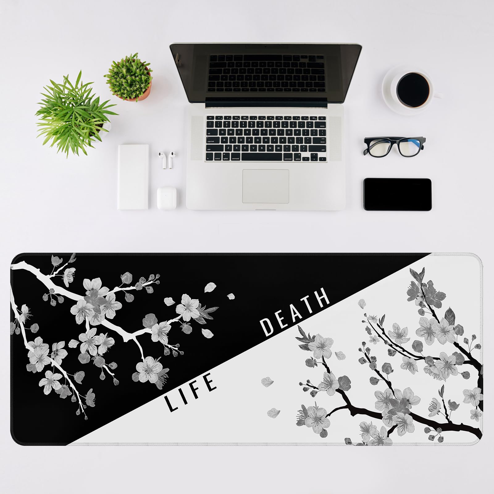 DIGSOM Mouse Pad Black and White Cherry Blossom Pattern, 31.5 x 11.8in