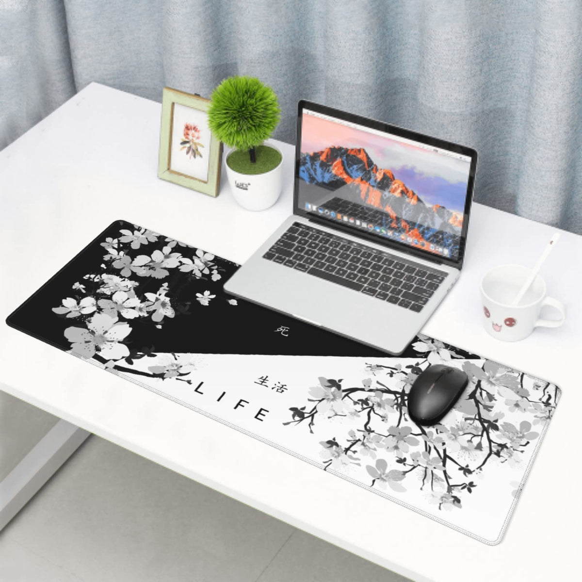 Black White Cherry Blossom Mouse Pad 31.5 X 11.8 Inch XL Japanese Art Style Design Extended Gaming