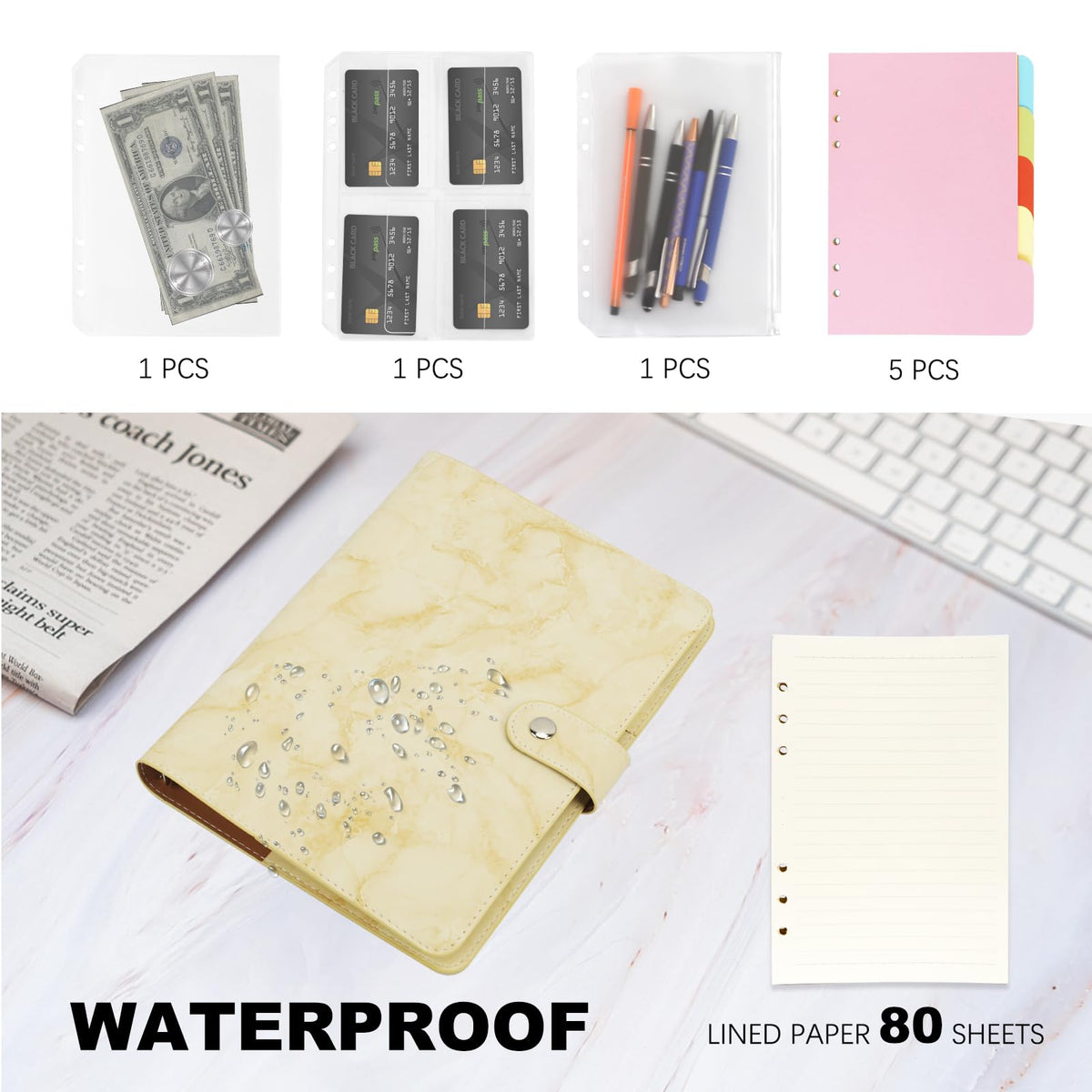 FYY A5 Binder Refillable Planner Notebook 6 Ring, Marble Yellow