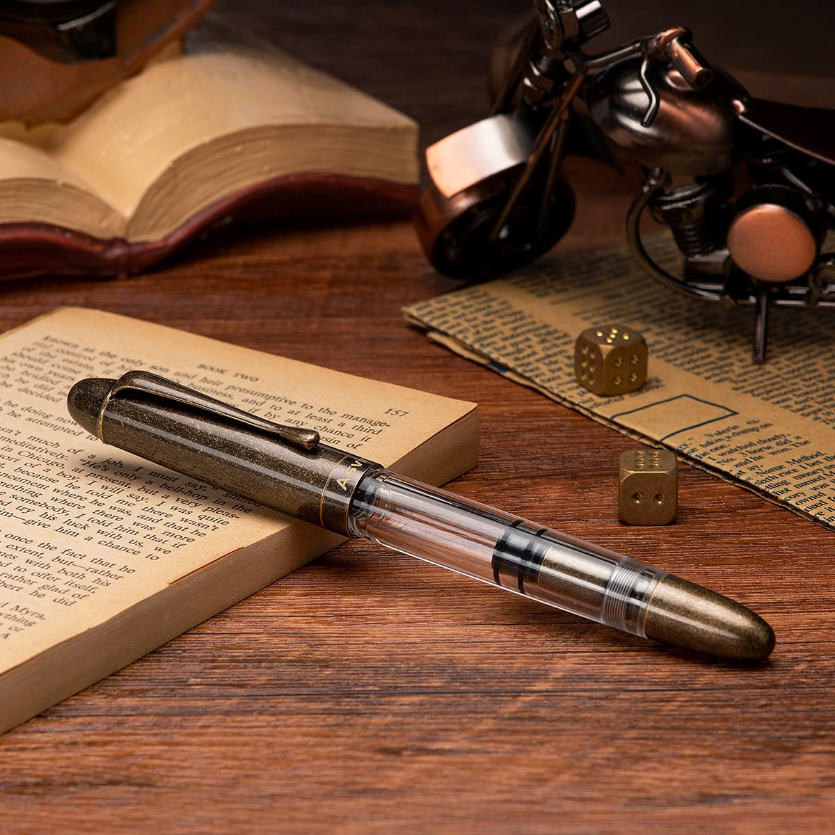 Asvine P30 Piston Fountain Pen Extra Fine, Retro Brass Style, Transparent Acrylic Large Ink