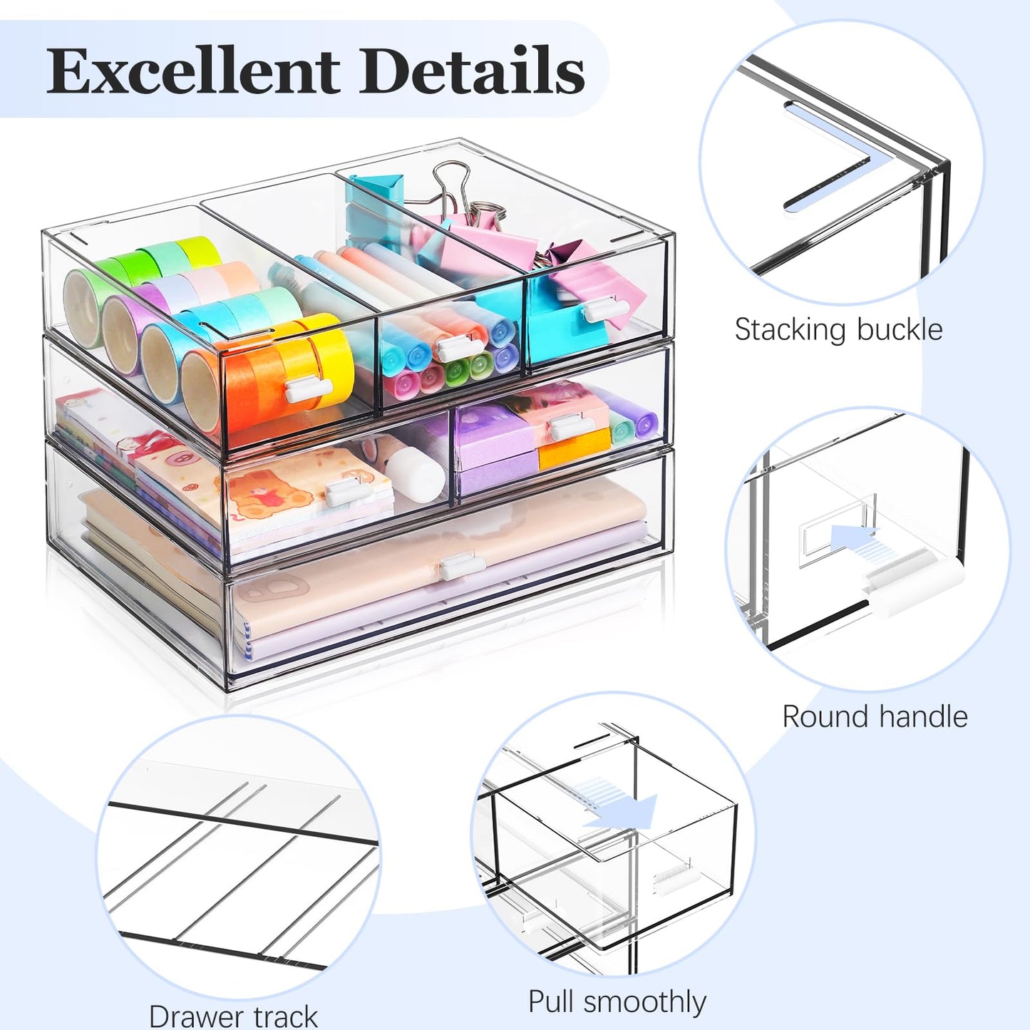 3 Tier Stackable Desk Organizer with 6 Drawers, YOCOMEY Plastic Desktop Storage Box Drawers