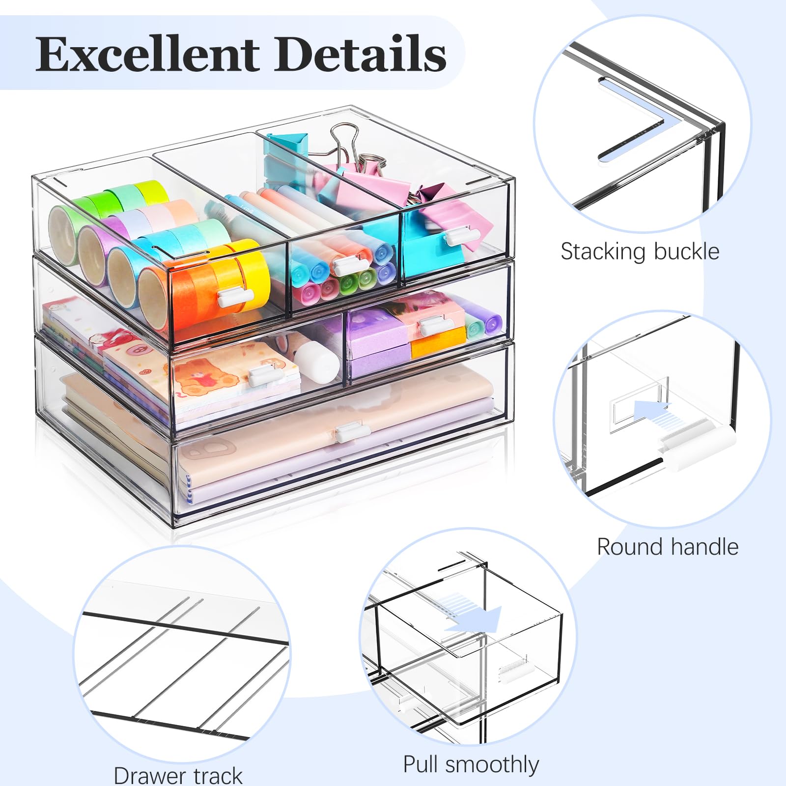 3 Tier Stackable Desk Organizer with 6 Drawers, YOCOMEY Plastic Desktop Storage Box Drawers