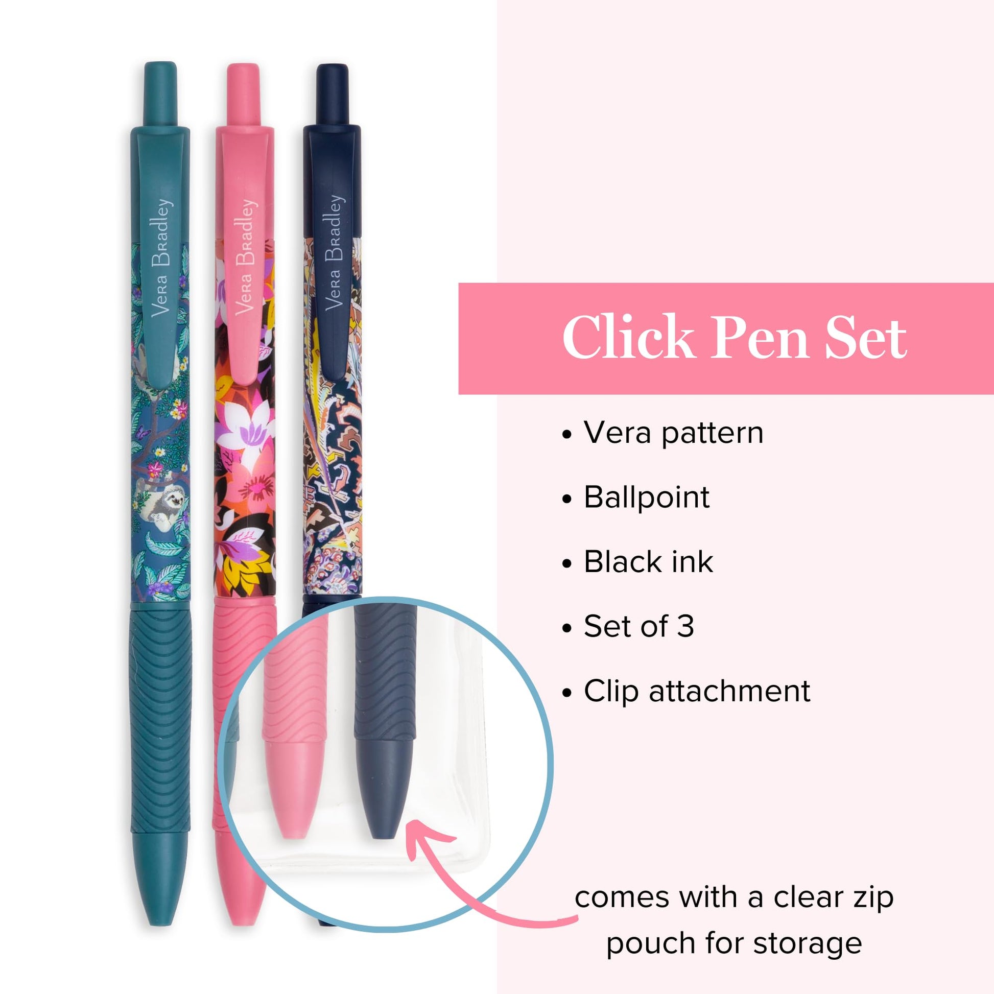 Vera Bradley Black Ink Pen Set of 3, Colorful Retractable Pens, Plastic Click Pens with Zip Pouch