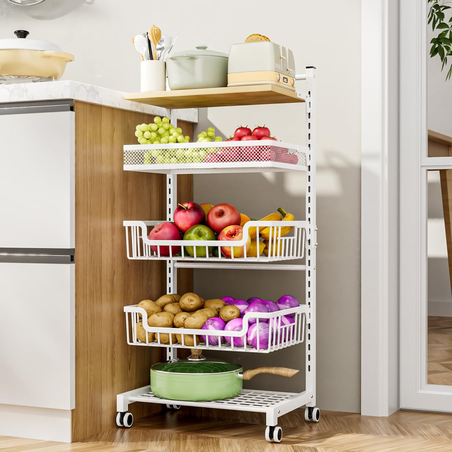 HapiRm Fruit Basket Kitchen Cart - 5 Tier Adjustable Vegetable Storage Rack, Large Capacity Rolling