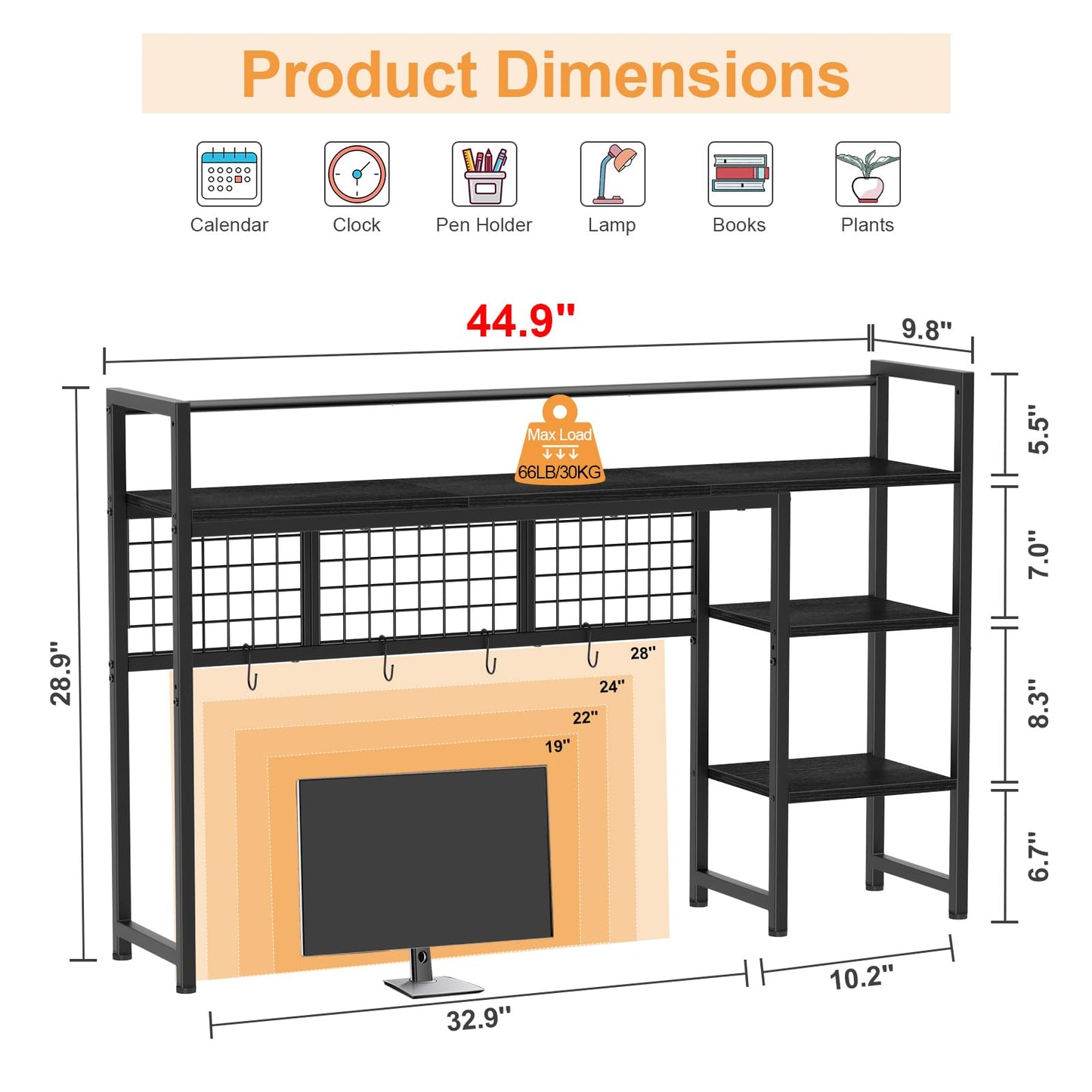 Snughome Desk Shelf, 44.9" Desktop Organizer Shelf, Desk Hutch for Computer Monitor, 4 Tier Desk