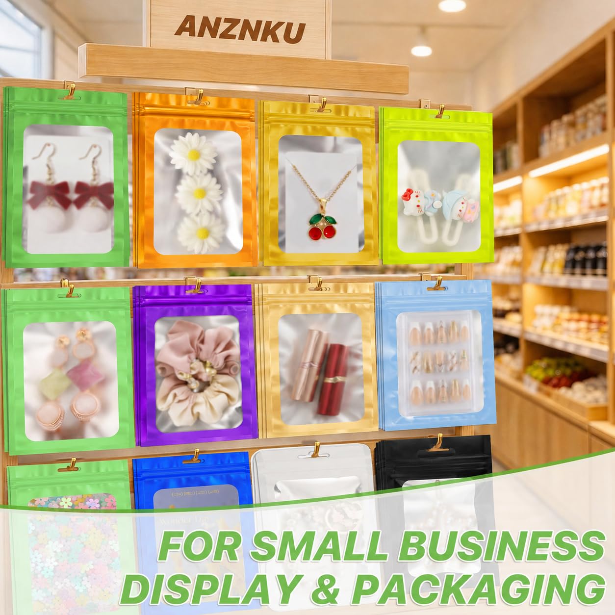 ANZNKU 100Pcs Green Mylar Bags, Resealable Smell Proof Zip Goodie Baggies