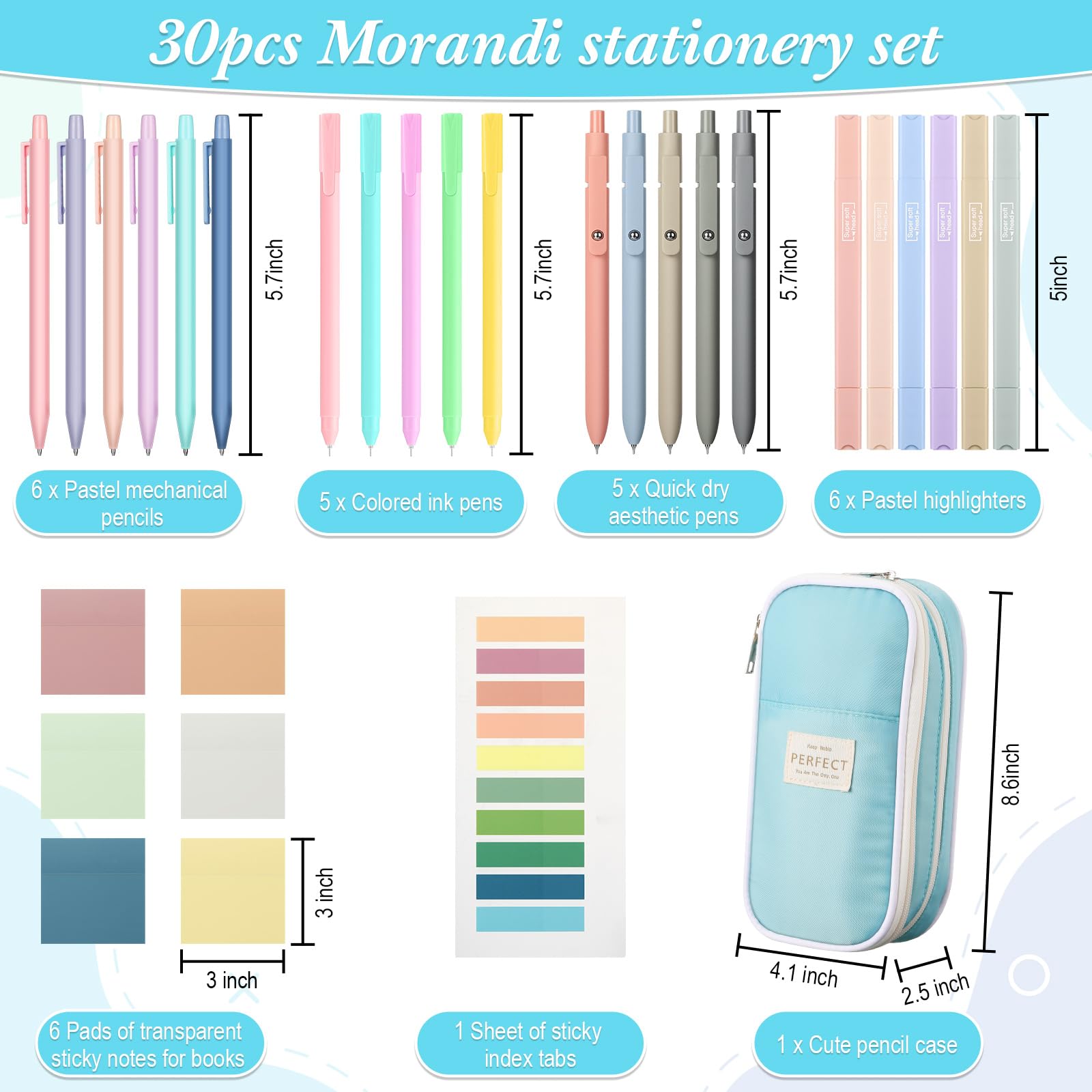 Lincia 30 Pcs Aesthetic School Supplies for Stationary Essentials, Blue