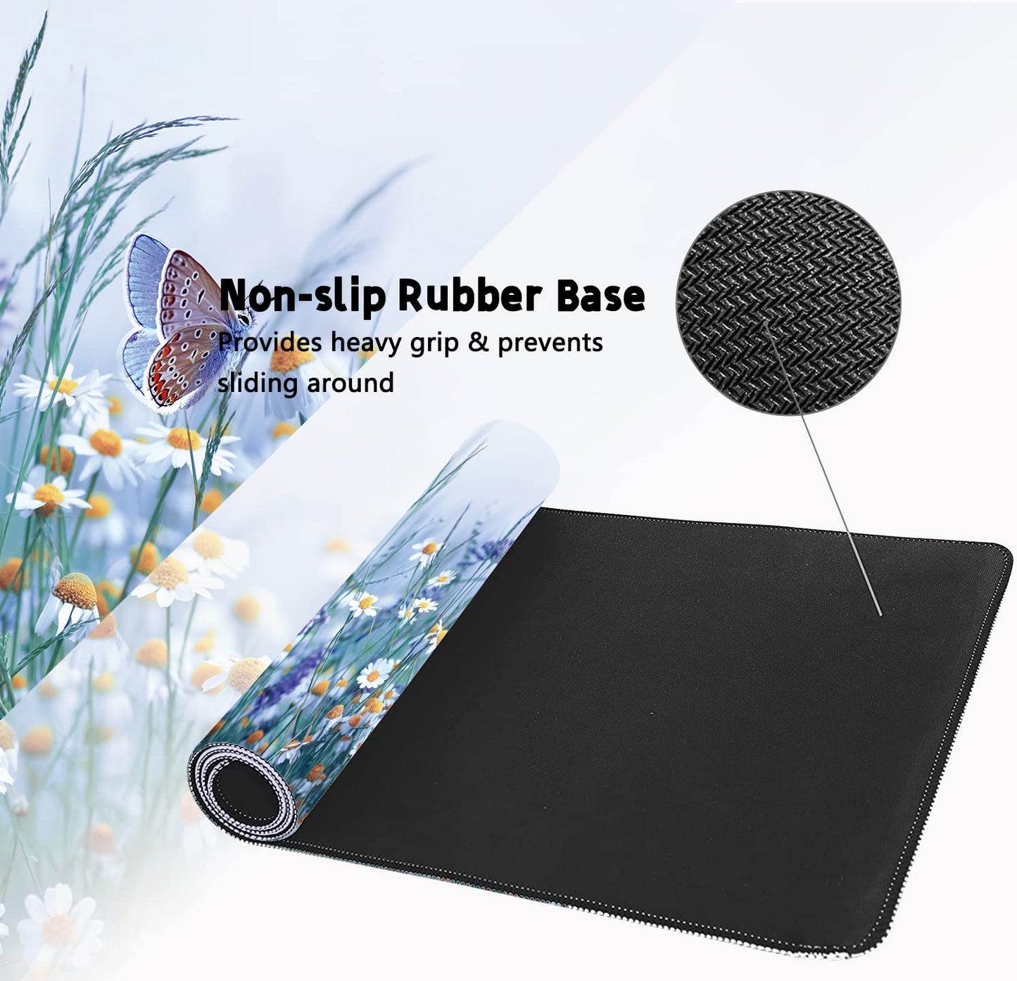 Extended Large Gaming Mouse Pad Wildflowers Chamomile and Butterflies XXL Size Keyboard Mouse Mat
