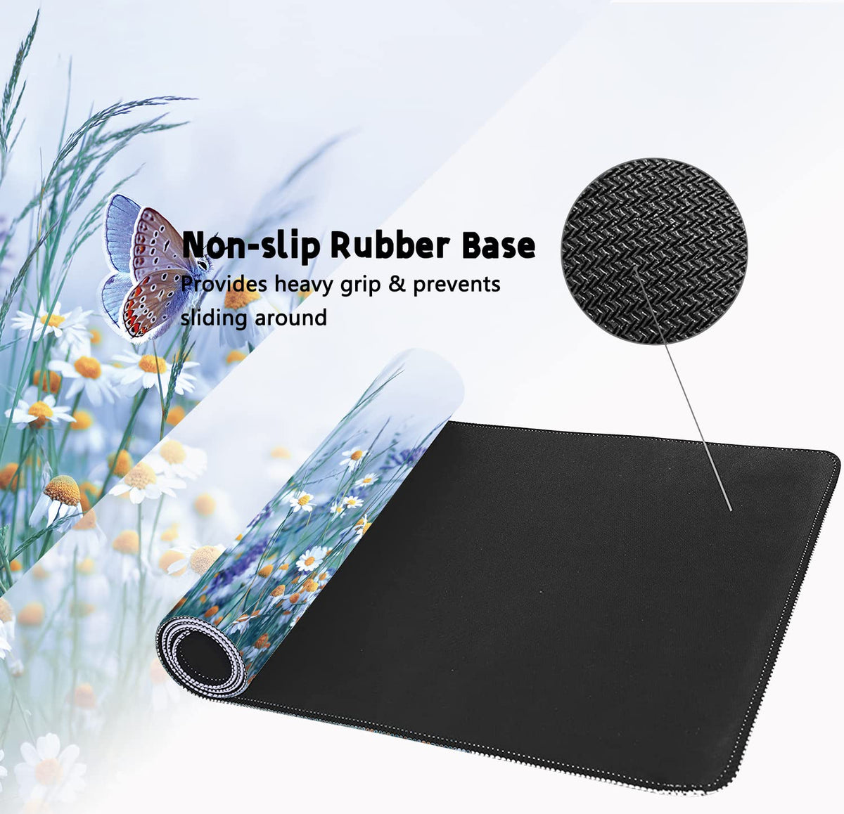 Extended Large Gaming Mouse Pad Wildflowers Chamomile and Butterflies XXL Size Keyboard Mouse Mat