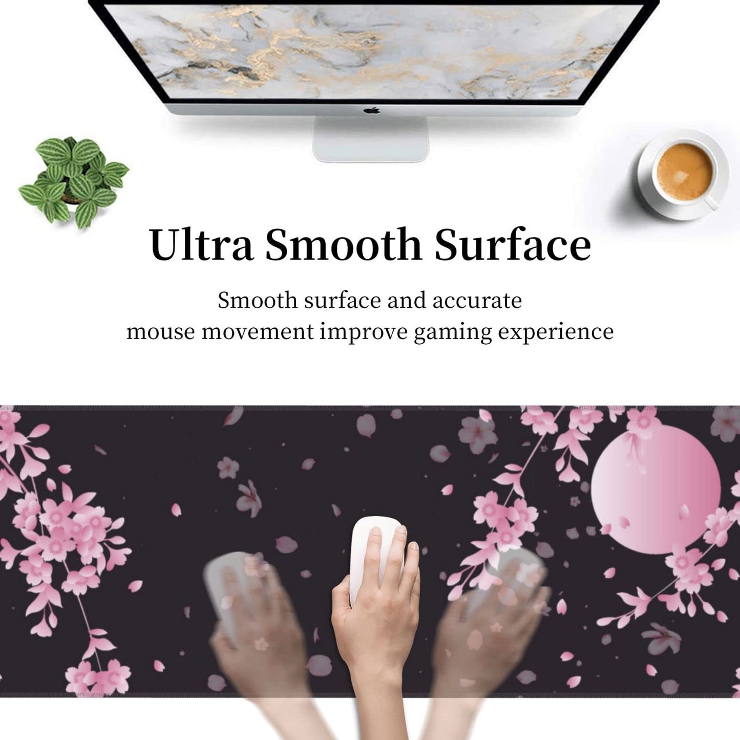 Japanese Cherry Blossom Black Pink XXL XL Large Gaming Mouse Pad for Desk, Non-Slip Long Extended