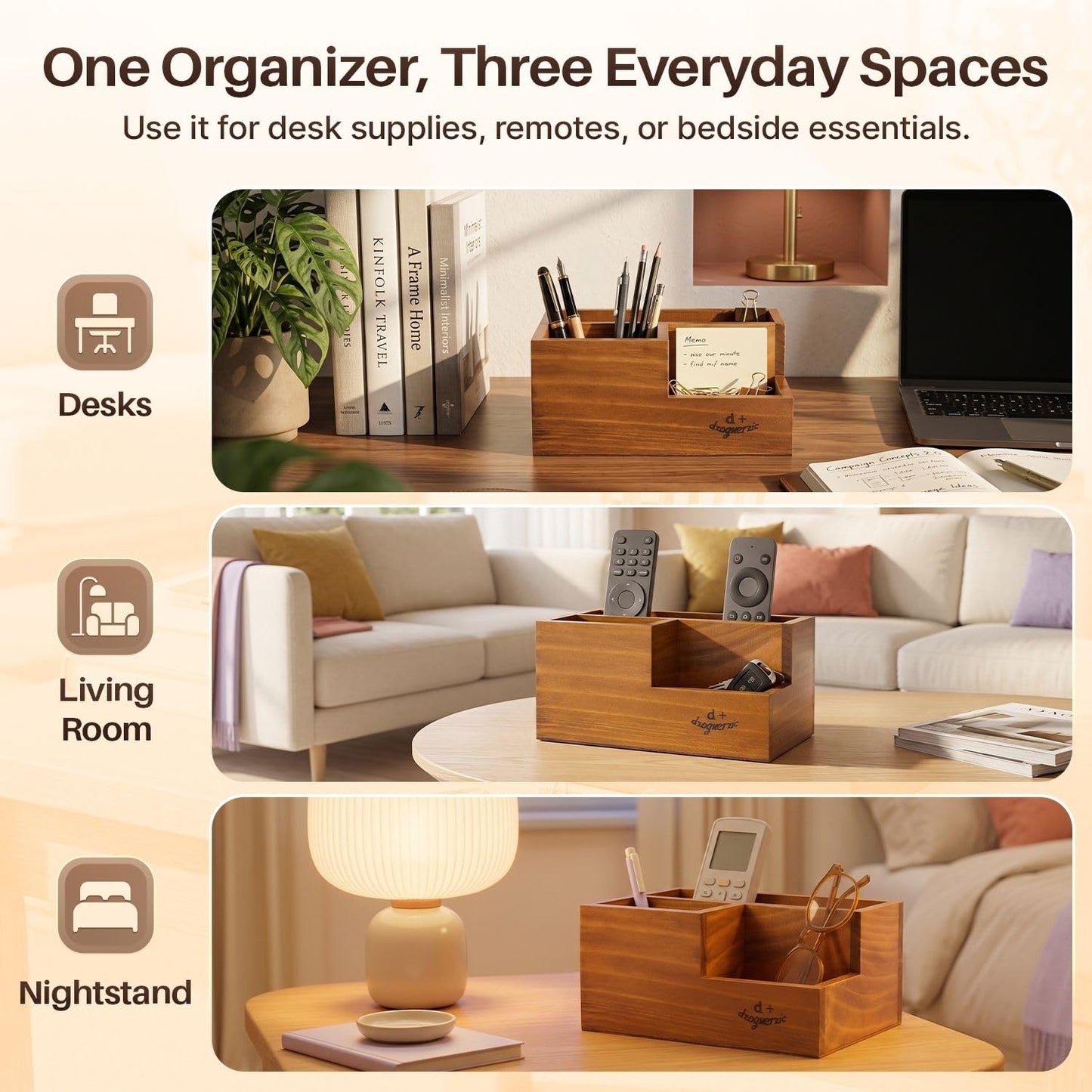 Flexzion Rustic Wooden Pencil Holder for Office - 3 Slots - Desk and Table Storage Organizer