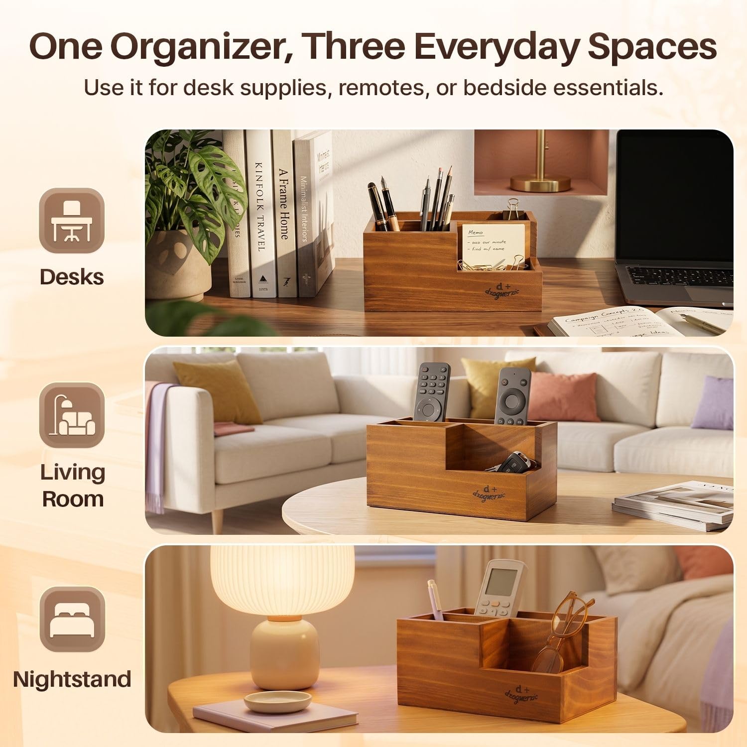 Flexzion Rustic Wooden Pencil Holder for Office - 3 Slots - Desk and Table Storage Organizer
