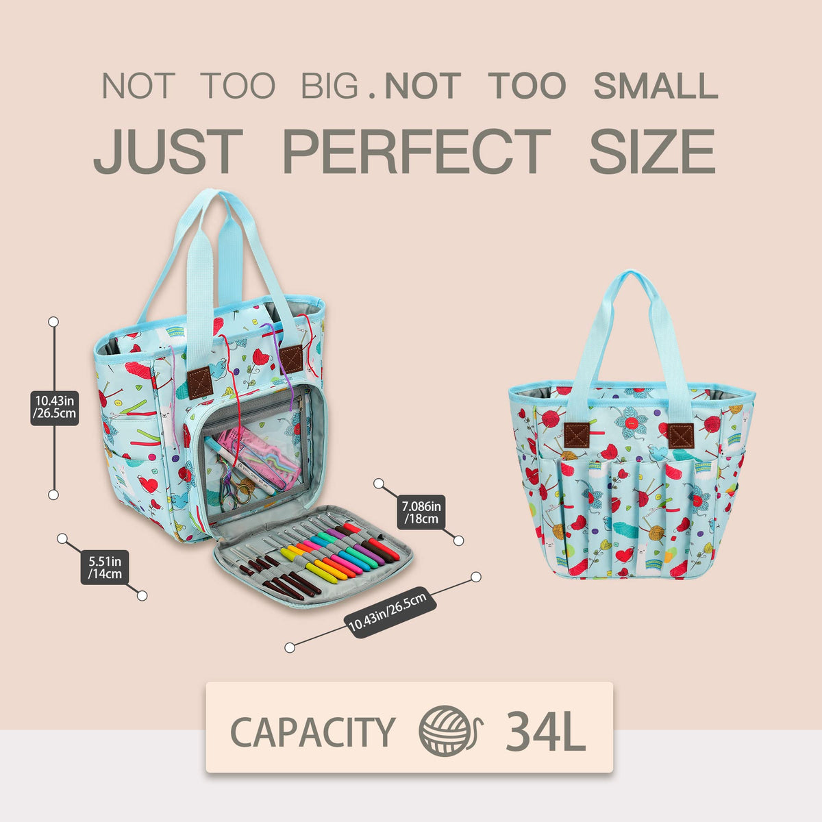 LOOEN Yarn Knitting Storage Tote-Large Capacity Crochet Organizer Portable Travel Bag with Shoulder