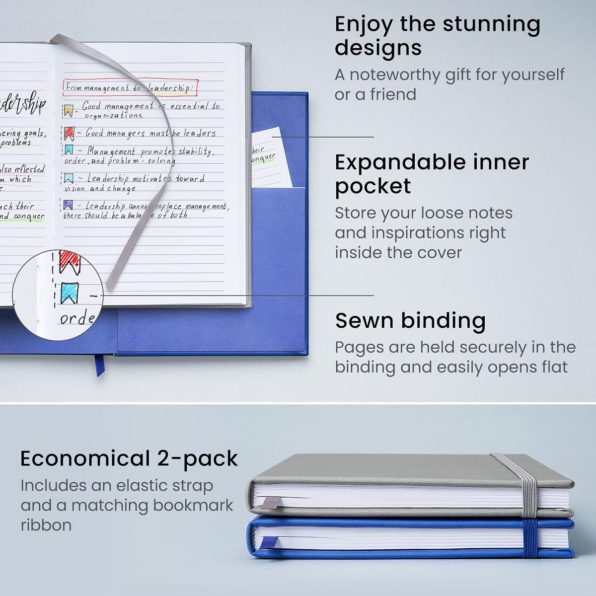 Arteza Lined Journal Notebooks, Pack of 2, 6 x 8 inch, 96 Sheets, Cobalt Blue and Gray, Hardcover