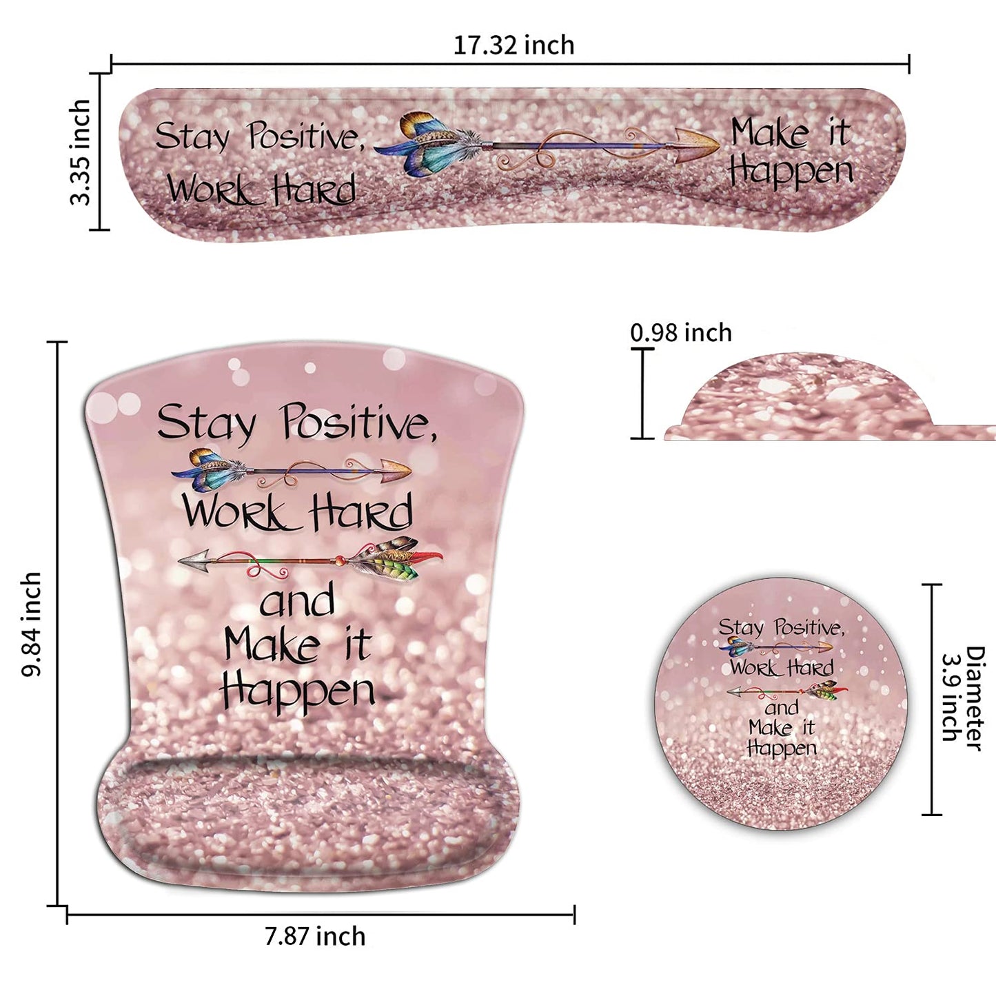 Ergonomic Mouse Pad Wrist Support Gel and Keyboard Wrist Rest Set Stay Positive Work Hard and Make