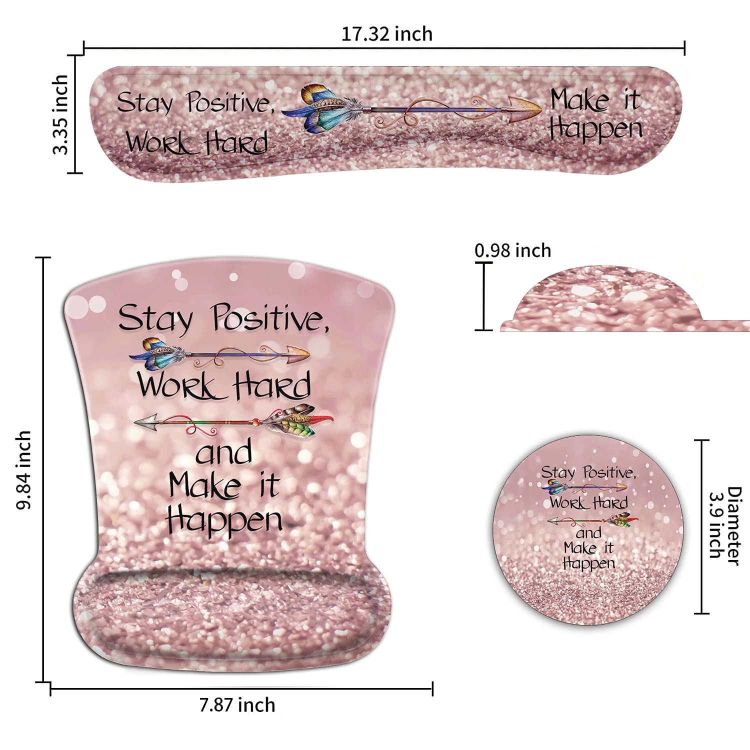 Ergonomic Mouse Pad Wrist Support Gel and Keyboard Wrist Rest Set Stay Positive Work Hard and Make
