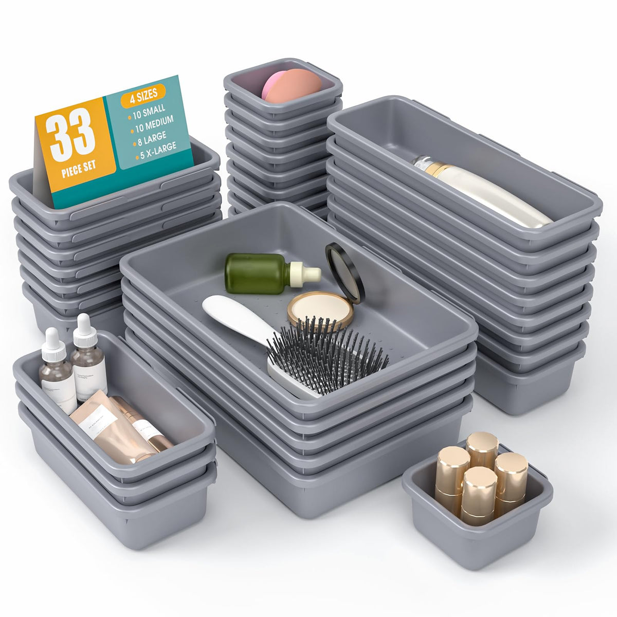 33 PCS Drawer Organizer Set, 4 Size Makeup Drawer Divider Organizer With Non-Slip Pads