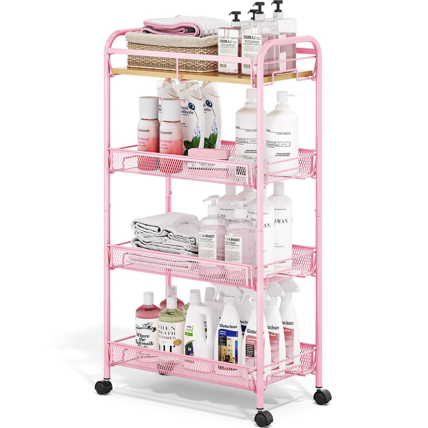 TOOLF 4-Tier Rolling Cart, Metal Utility Cart, Slide Out Storage Cart with Wooden Tabletop and Mesh
