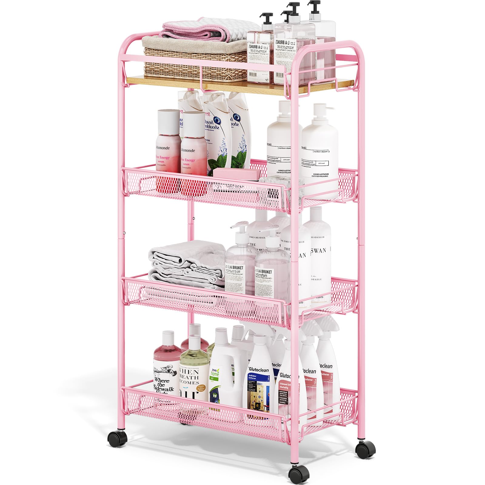 TOOLF 4-Tier Rolling Cart, Metal Utility Cart, Slide Out Storage Cart with Wooden Tabletop and Mesh
