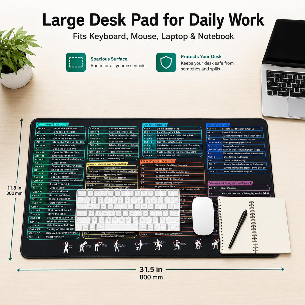 Excel Cheat Sheet Desk Pad, Large Mouse Pad with Shortcuts & Formulas for Windows PC, Non-Slip