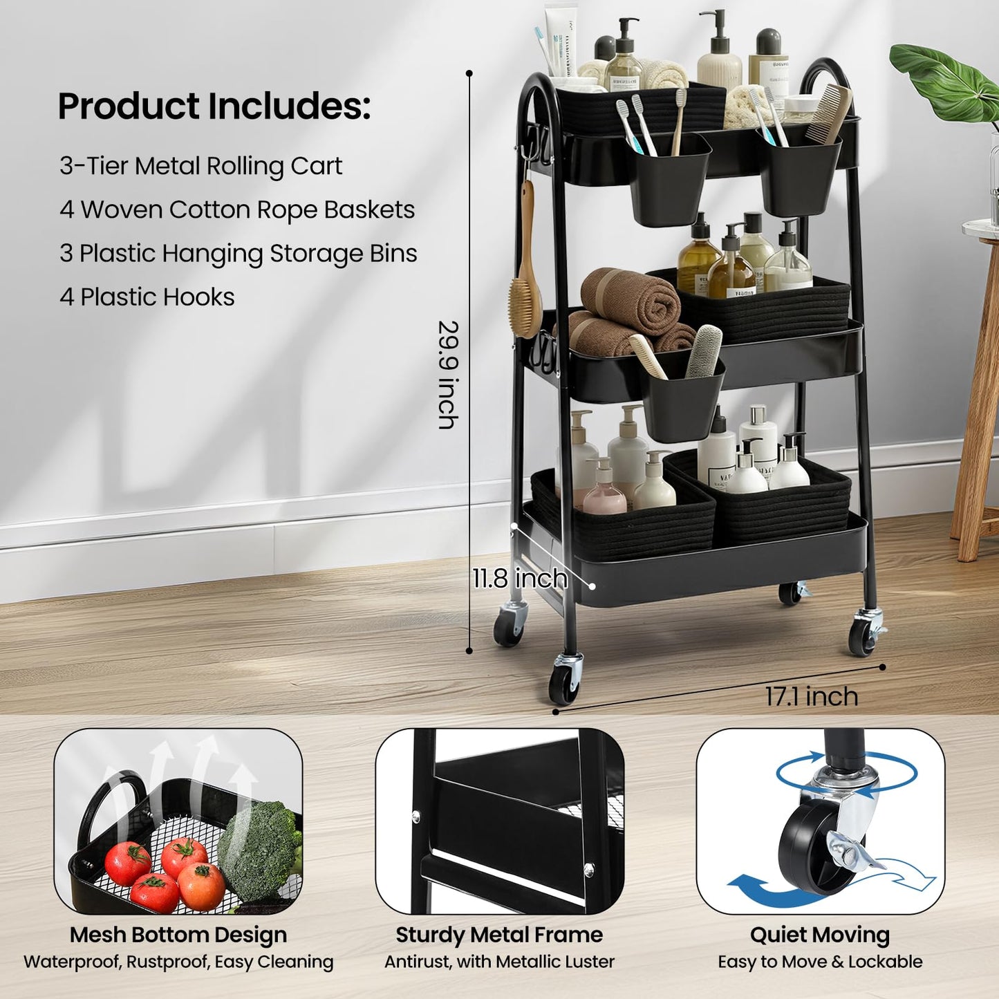 3-Tier Rolling Utility Cart with 4 Woven Baskets, Diaper Book Snack Cart, Storage Organizer for
